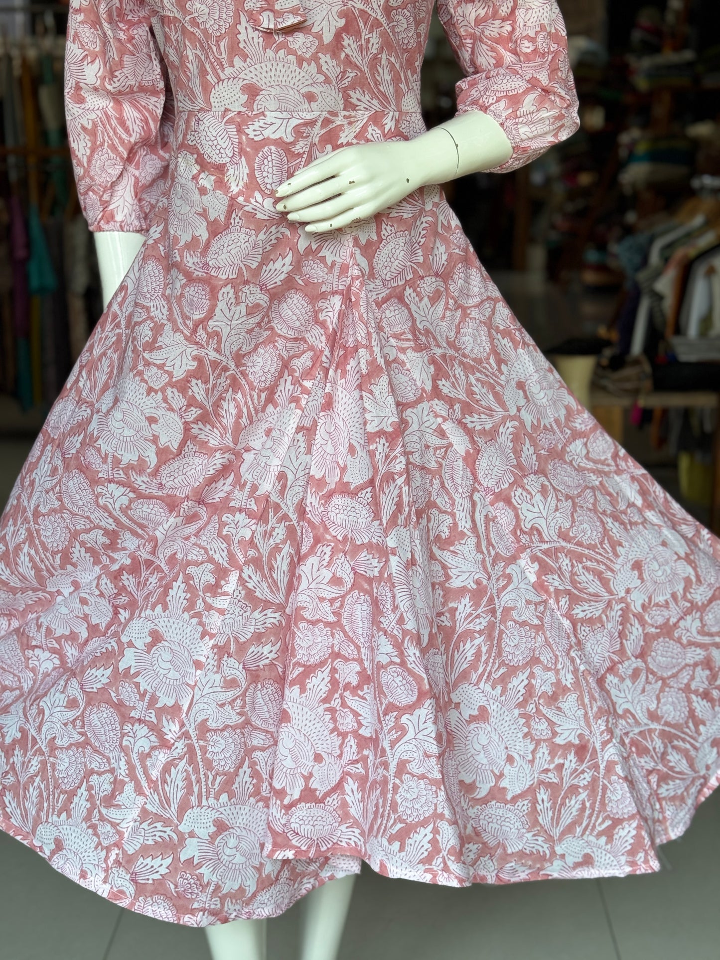 Peach floral handblock printed cotton dress with fancy skirt