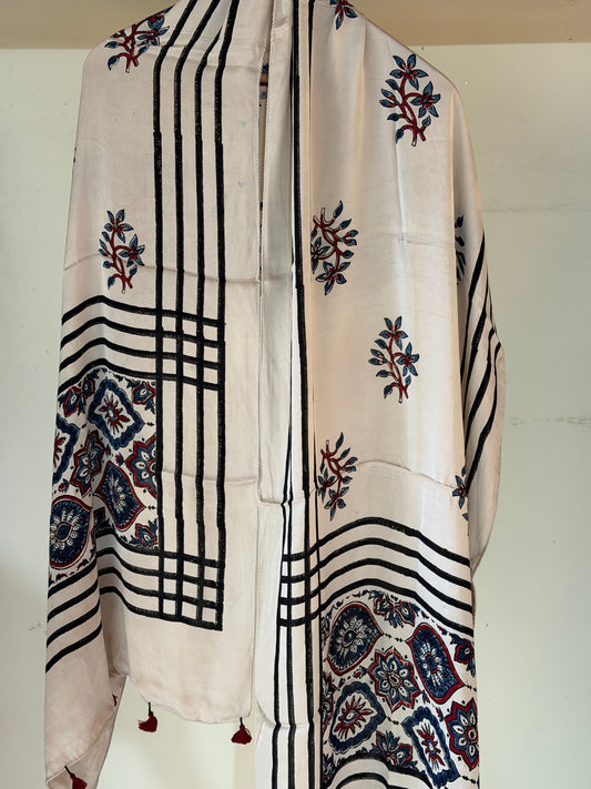 Cream floral print Ajrakh hand block printed soft modal stole
