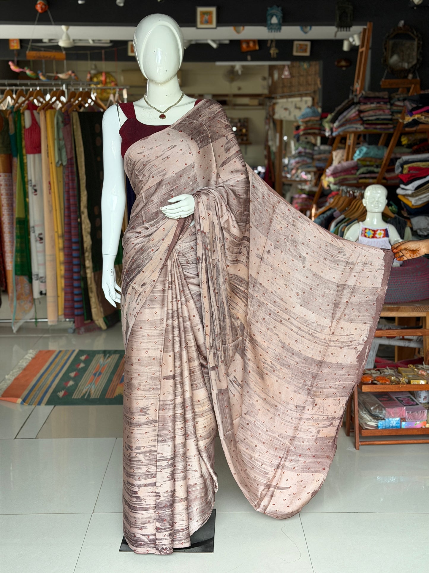 Dusty pink soft modal yardage saree / fabric - hand block printed, brush painted