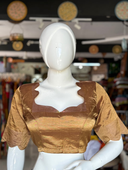 Gold tissue silk Chanderi handloom blouse with sweetheart neck and scallop details for sleeves and neck