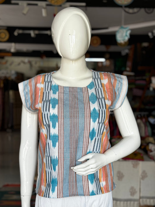 White and blue ikat weave relaxed fit handloom cotton top