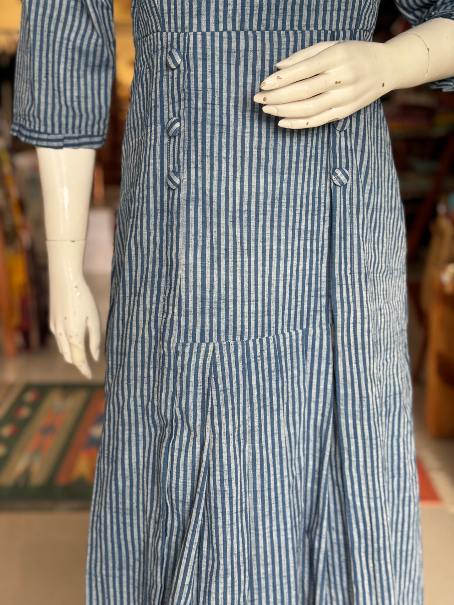 Indigo blue natural dyed, handwoven cotton dress with buttons and pleats detailing