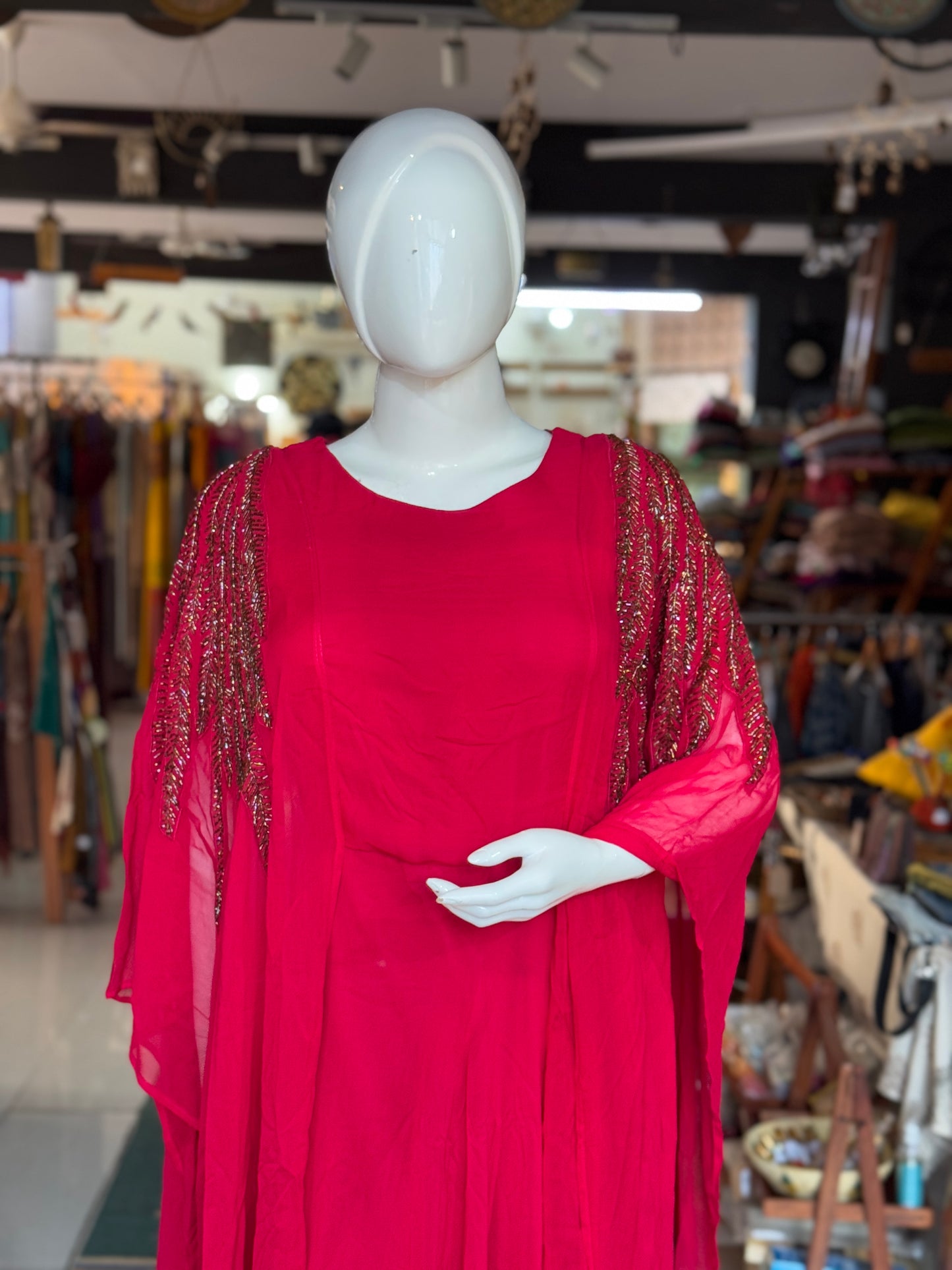 Red embroidered Georgette long dress with fancy sleeves - party outfit