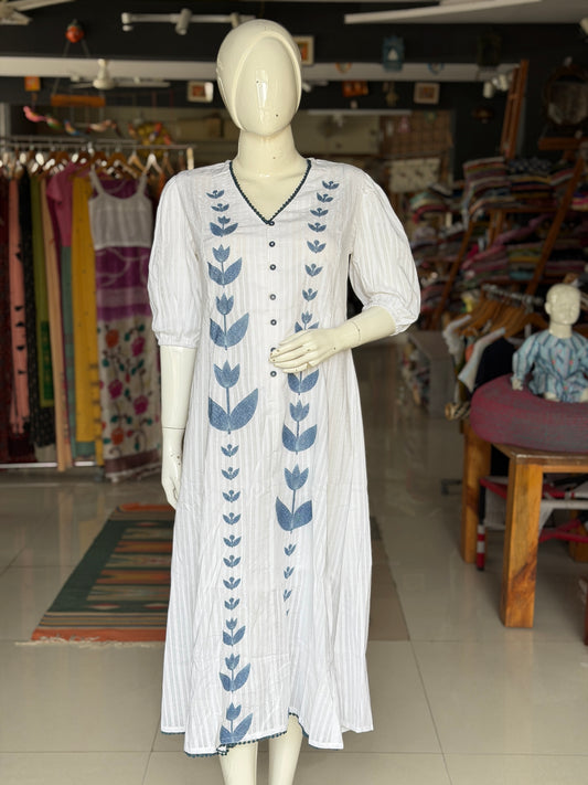 White and blue embroidered cotton dress with self stripes