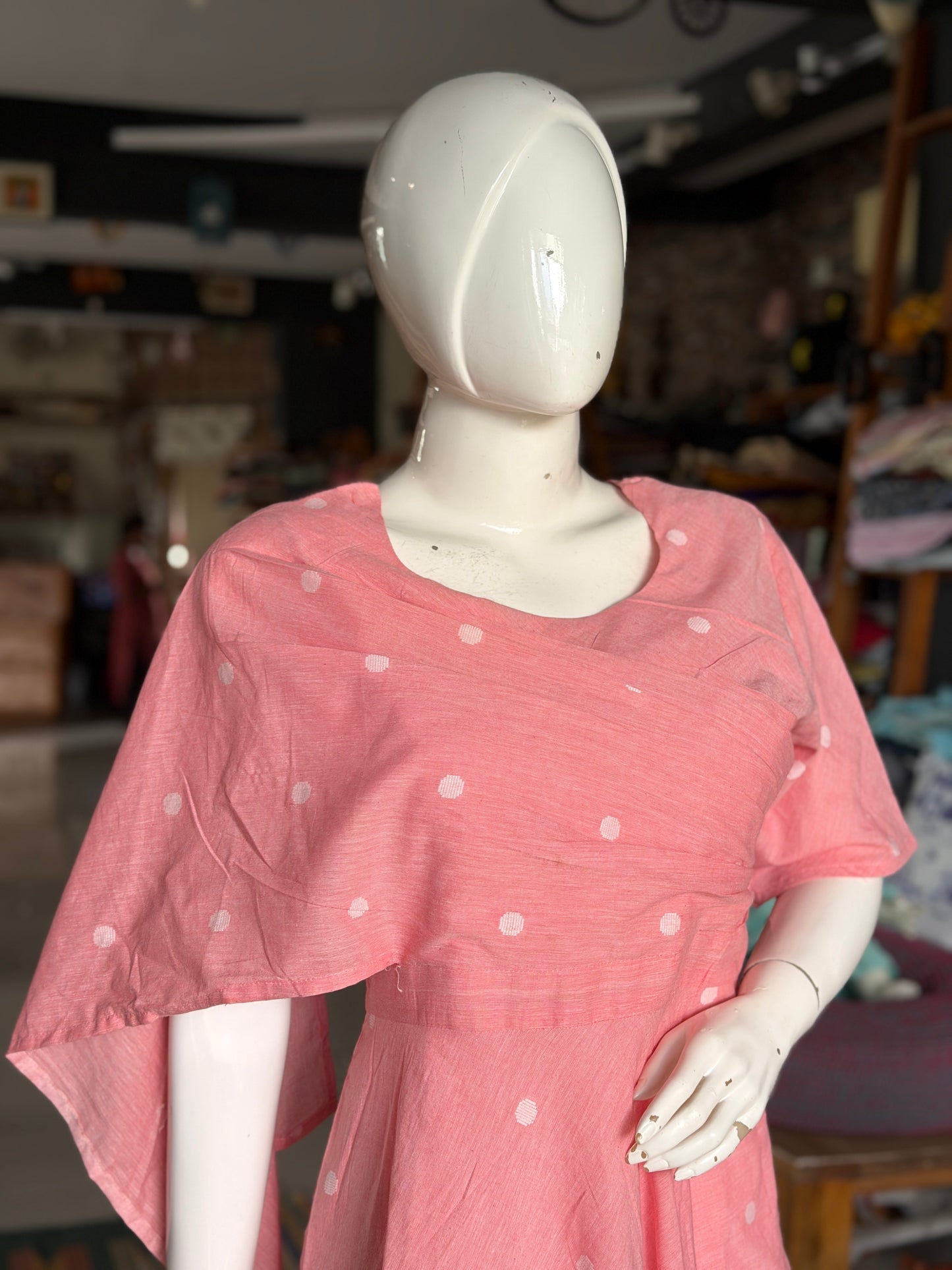 Peach Jamdani soft handloom cotton umbrella dress with attached pleated stole