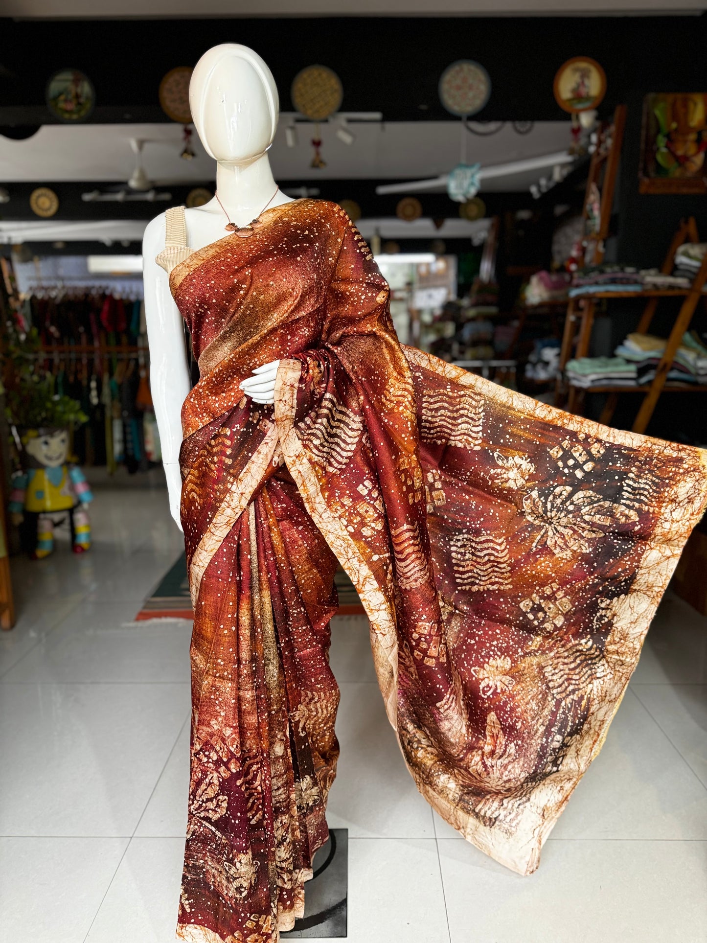 Brown and beige Bishnupruri katan silk hand batik saree