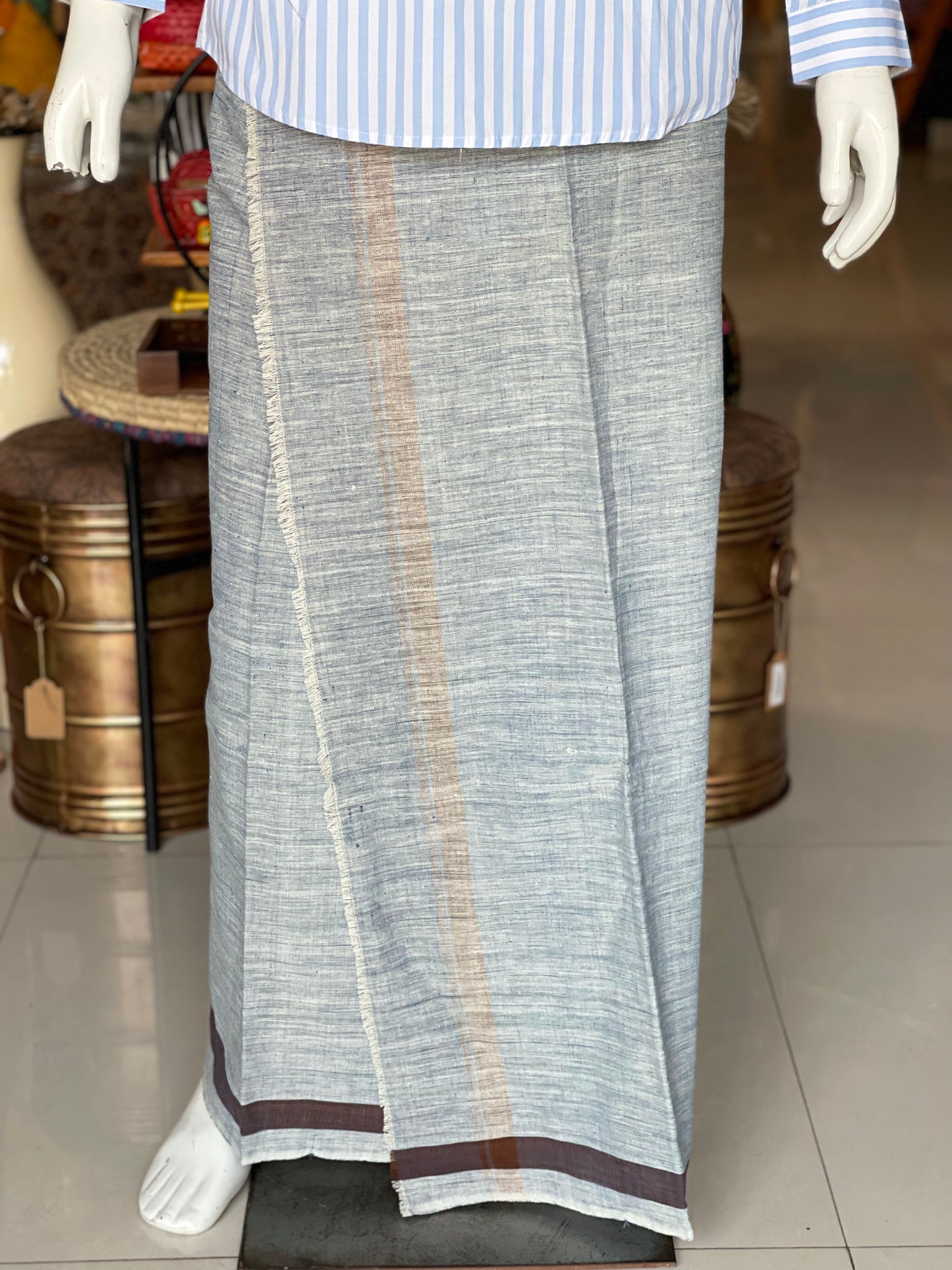 Indigo hand spun, hand woven, natural dyed cotton lungi (unstitched) for men