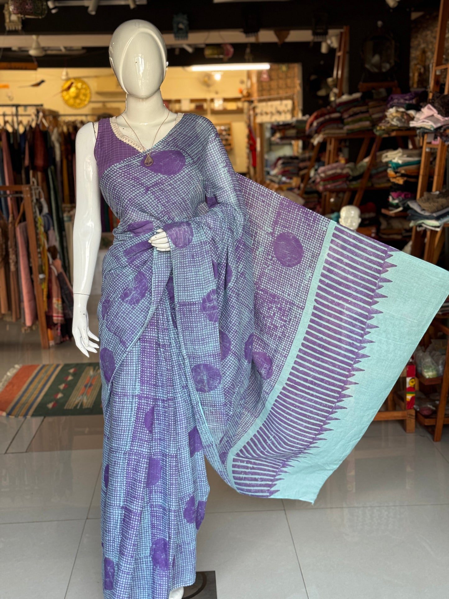 Lavender checks and circles hand Batik soft cotton saree