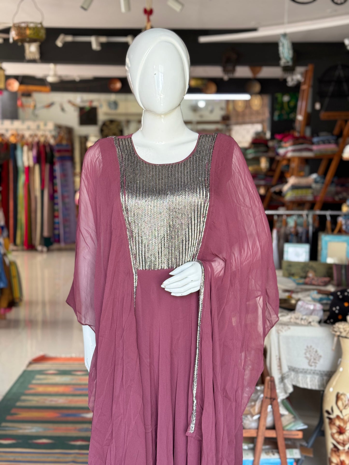 Georgette dress with attached drape and heavy front embroidery - party outfit
