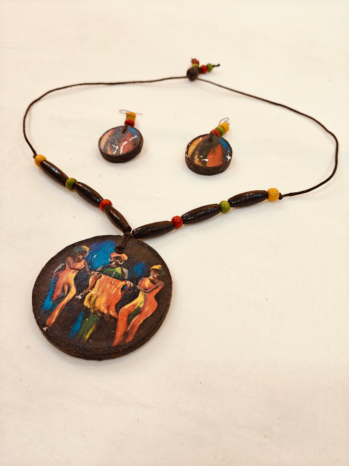 Hand painted 3 women design wooden neckpiece, earrings set