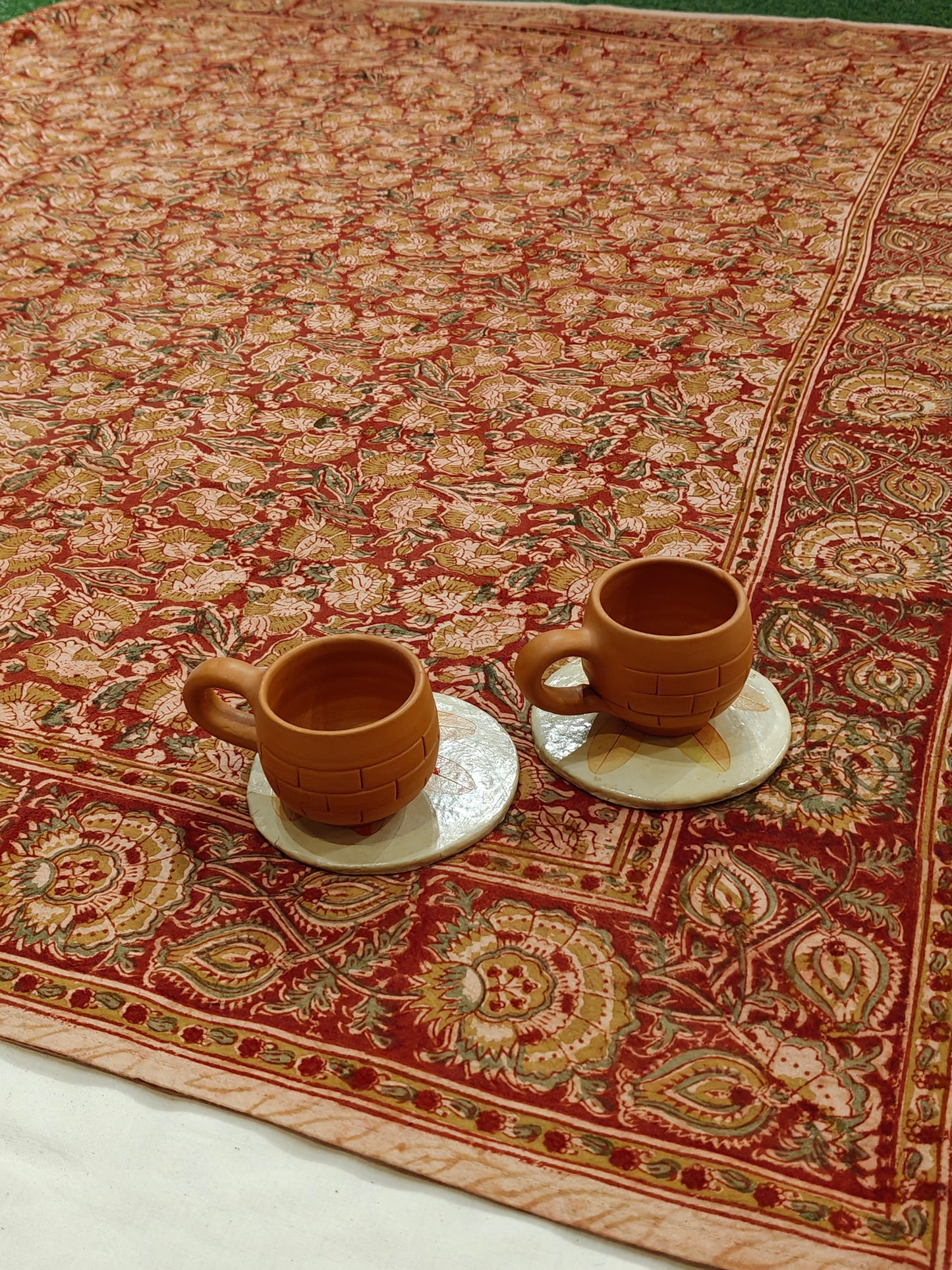 Red green floral hand block print single 60 x 90 inches size Kalamkari Bedsheet / table cover