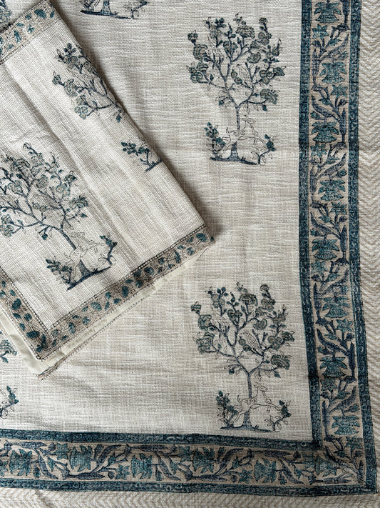 Off white hand block printed king size TNT jute cotton bed cover with 2 pillow cases