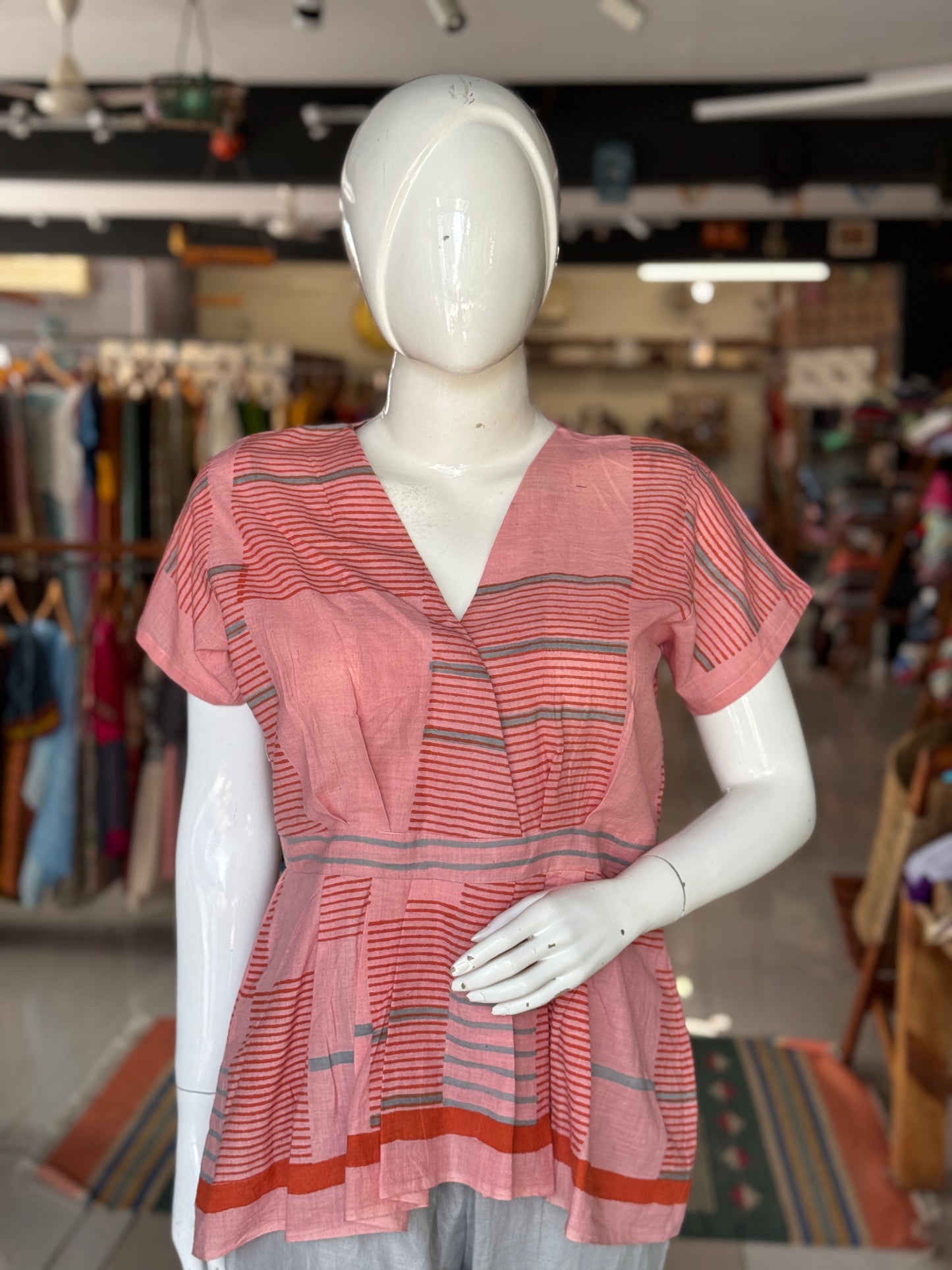 Pink and blue stripes top with pleated hem - hand spun, hand woven, hand block printed cotton
