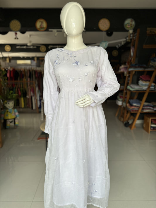 White kota cotton embroiderd dress with full sleeves