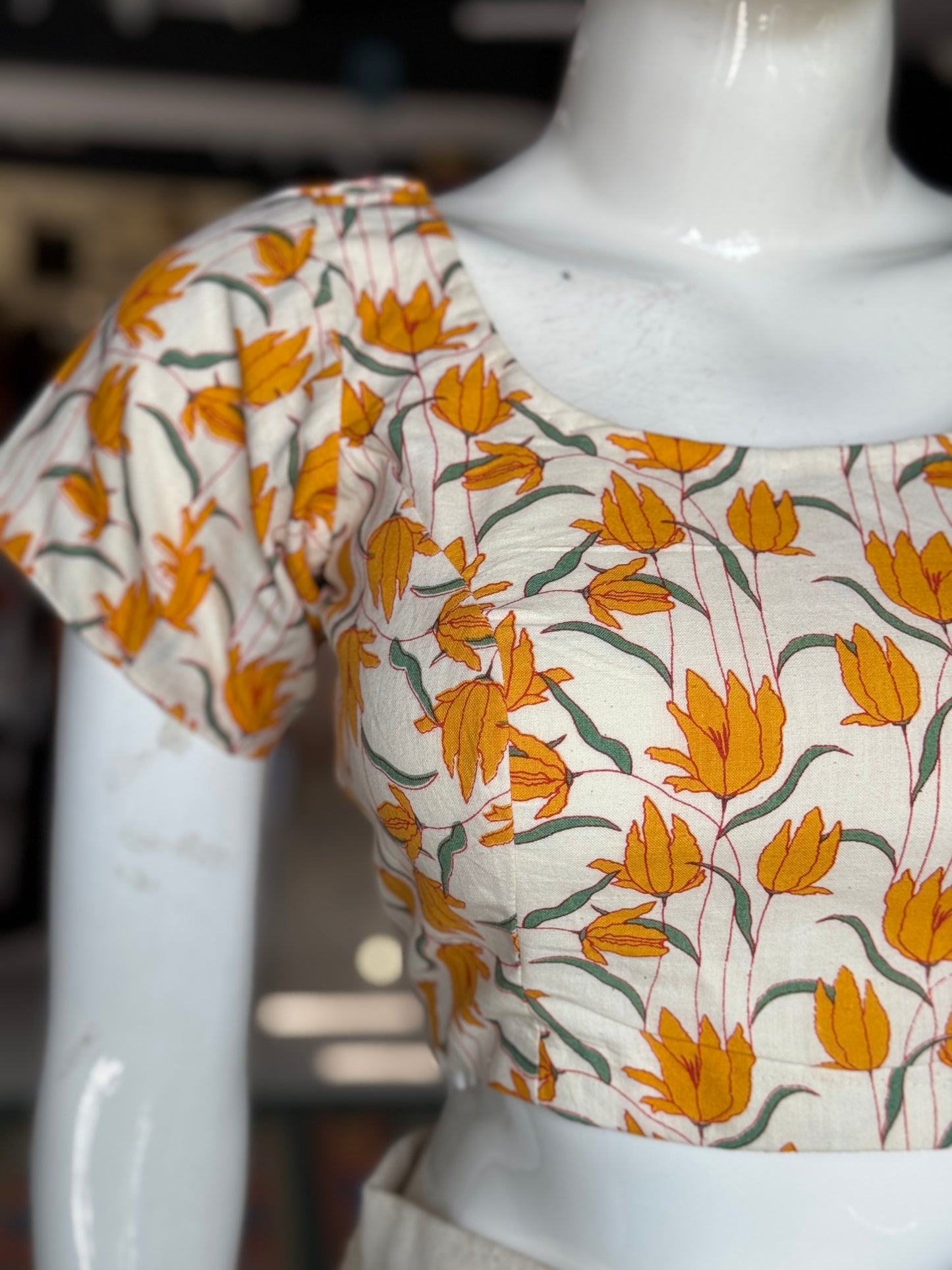 Mustard floral handwoven cotton short sleeves blouse