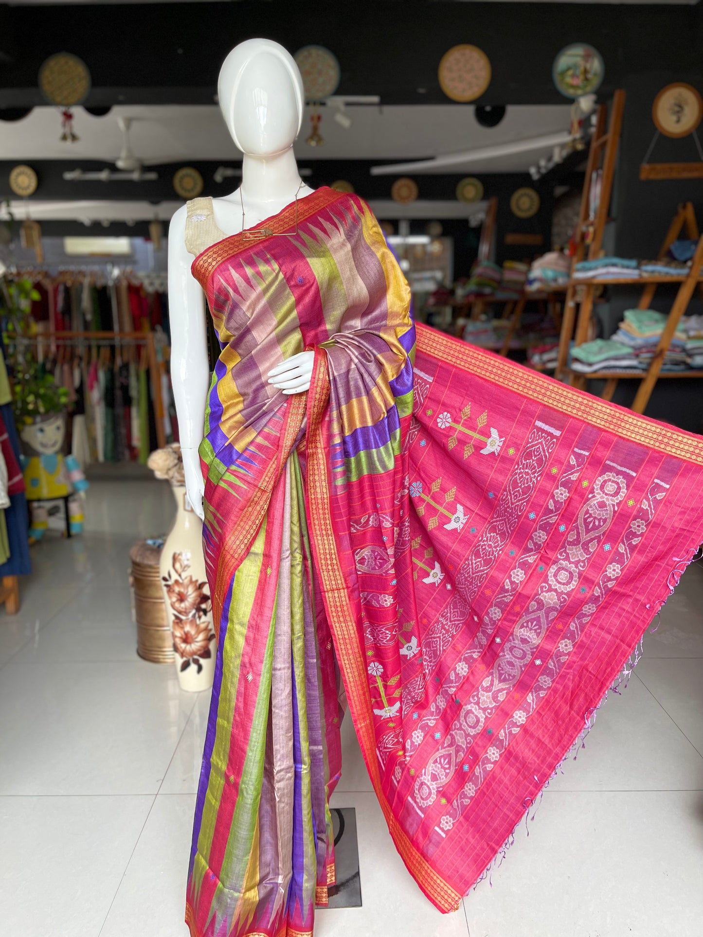 Colourful stripes tussar silk handloom saree with Ikat and hand motifs pallu