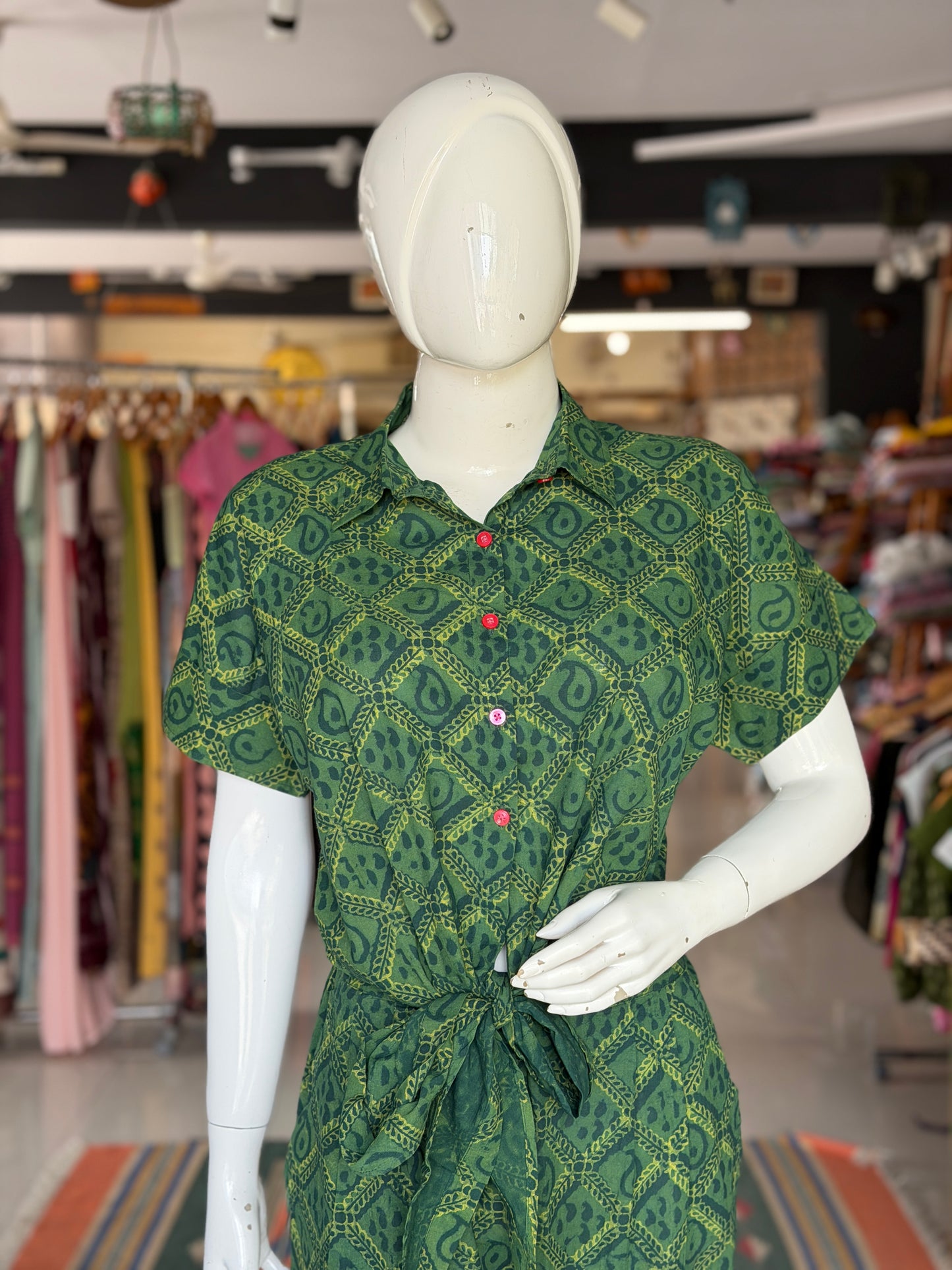 Green hand block printed knotted collared cotton top and pants coord set