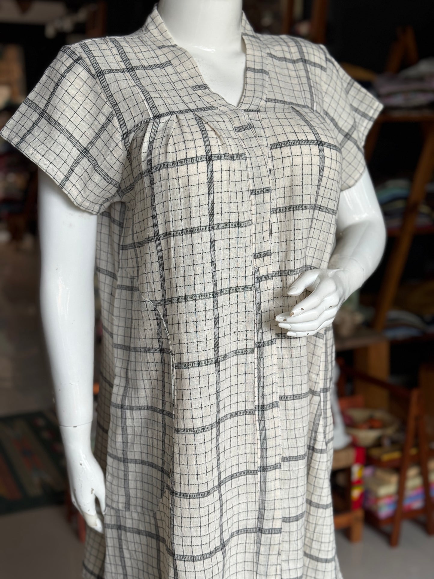Short dress - Off white checks kala cotton, handwoven