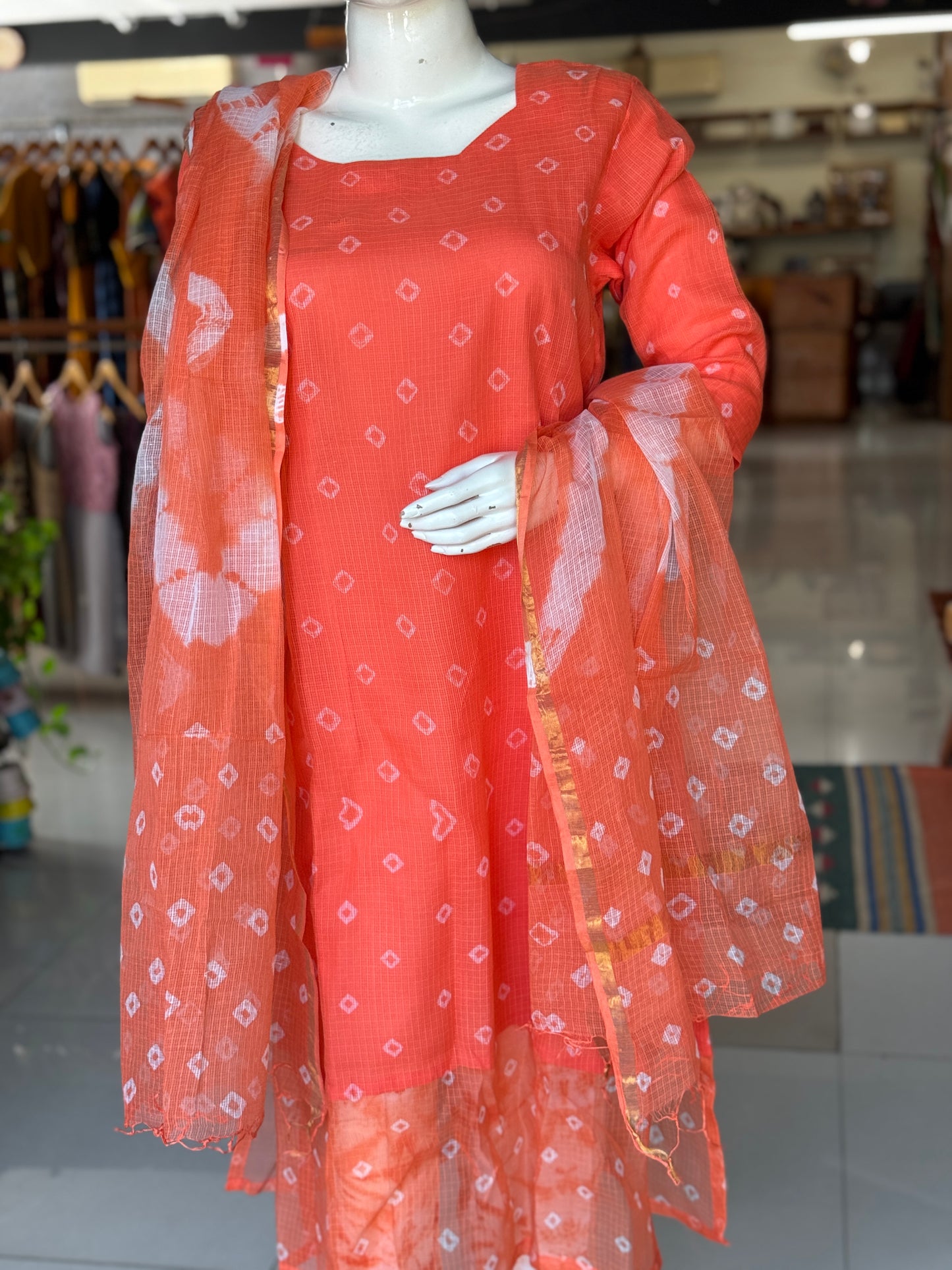 Orange Kota cotton tie n dye kurti, dupatta - 2 piece set - soft n light