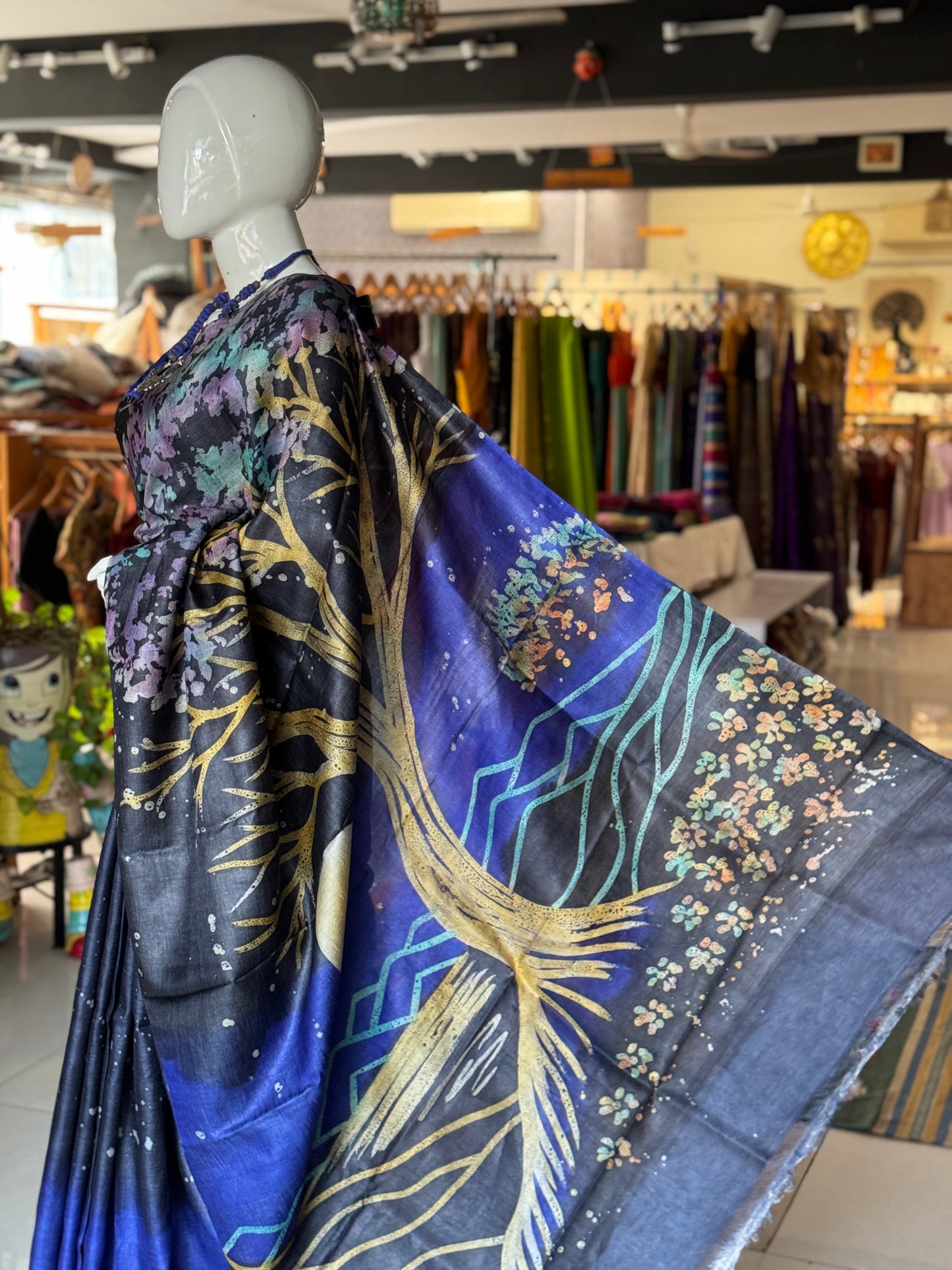 Navy Blue and Royal blue hand painted pure tussar silk saree - big tree on the palla