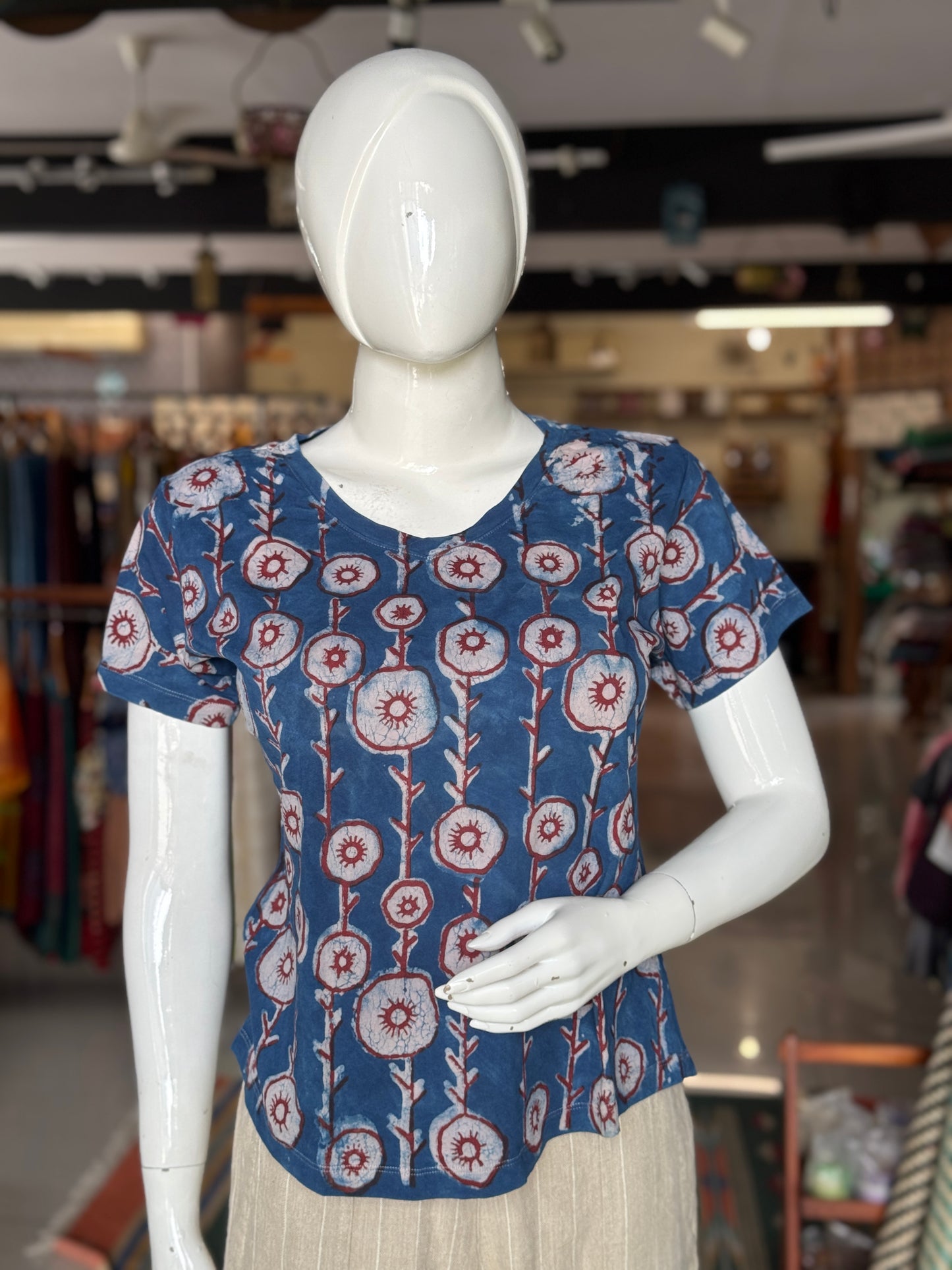 Beautiful cut womens tees - cotton, hand block printed, natural dyed tshirt for women - multiple designs and sizes