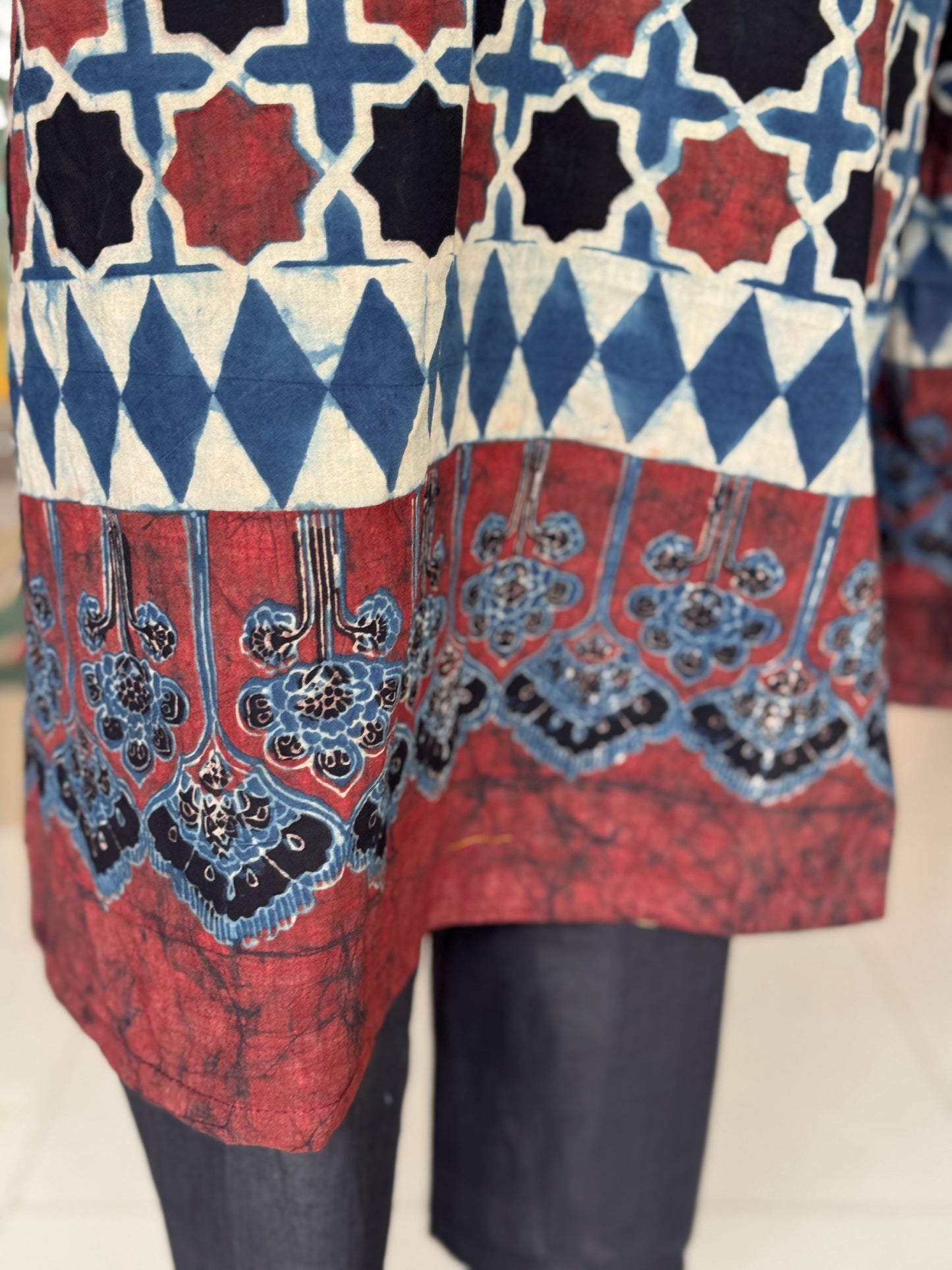 Indigo and maroon Ajrakh hand block printed cotton straight kurti