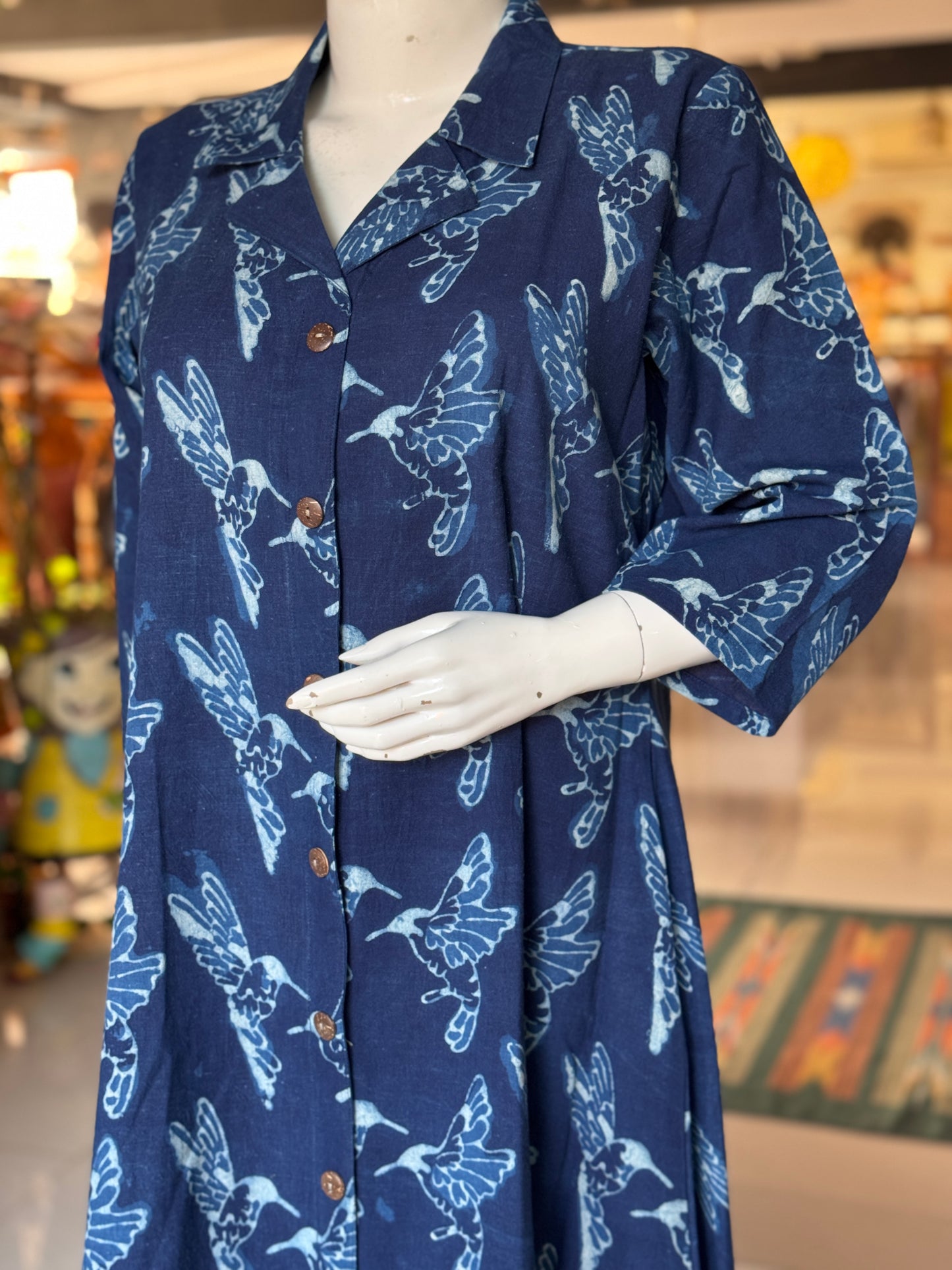 Indigo hand block printed collared dress -  Freedom fabric kurti - Hand spun, hand woven, hand block printed cotton