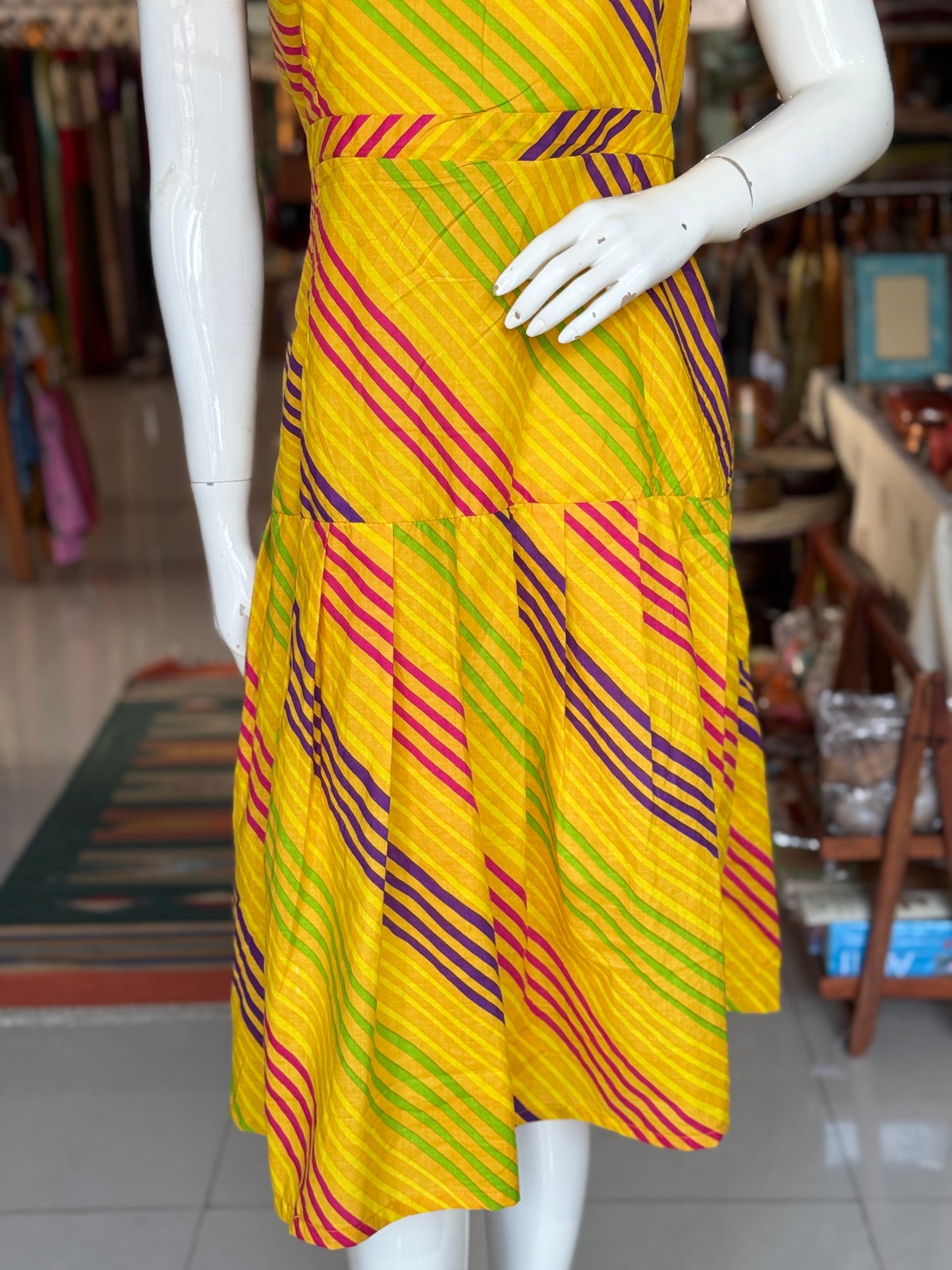 Yellow screen printed leheriya cotton dress