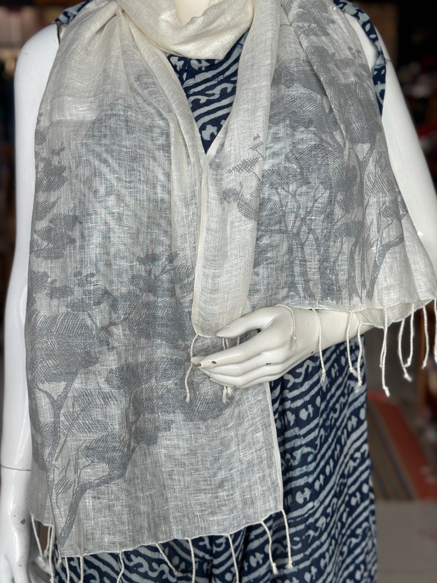 White with grey trees print classy linen stole