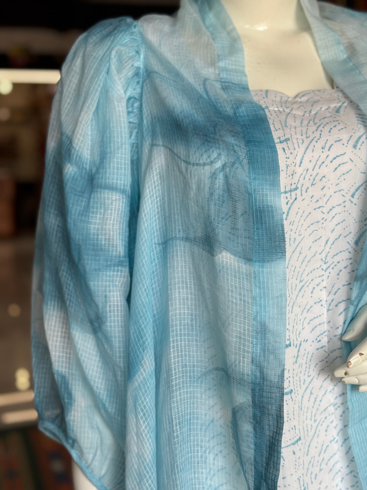 White and sky blue flowers handpainted kota cotton shrug with sleeves