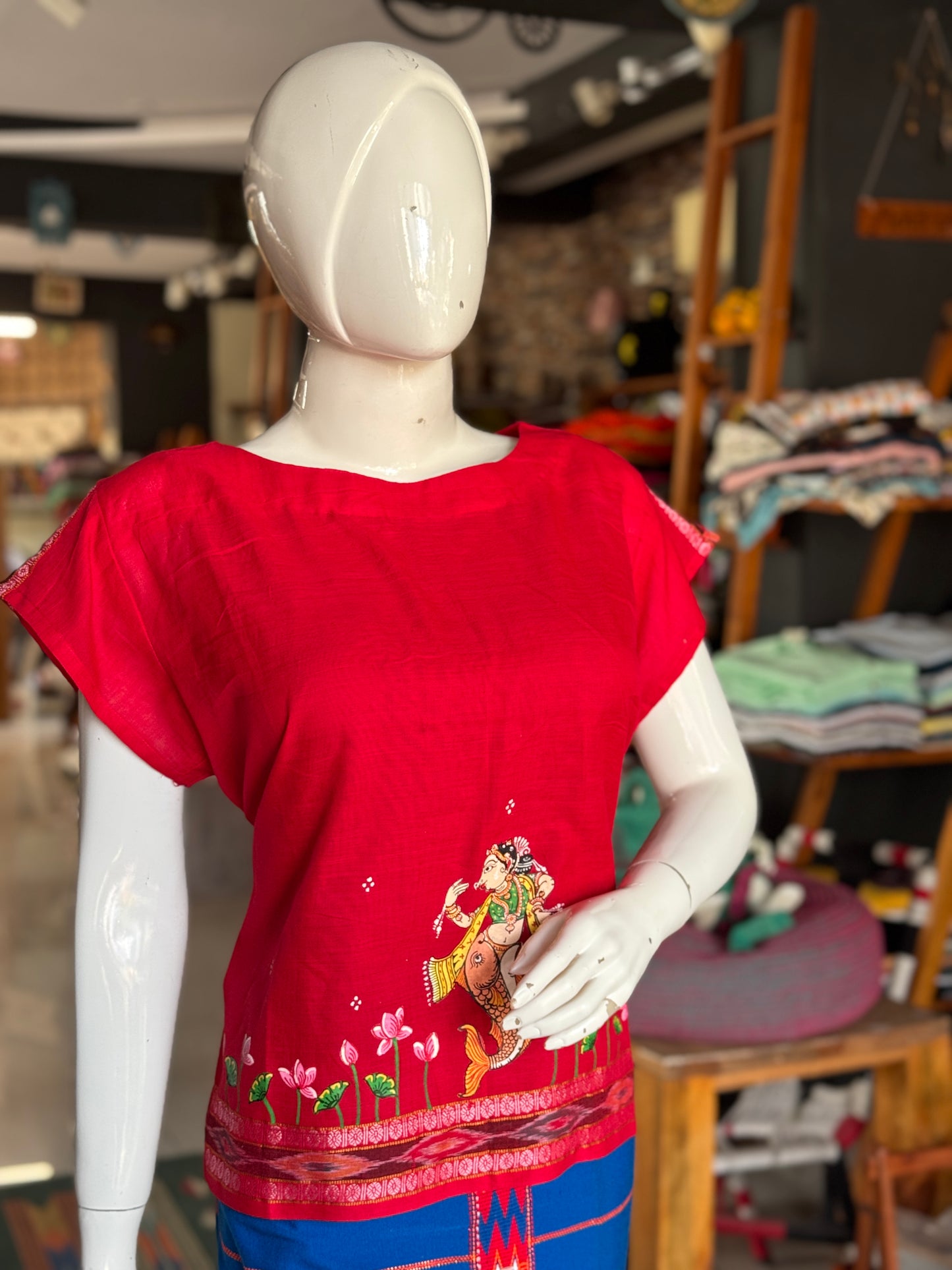 Red Patachitra hand painted, handwoven cotton top with ikat border