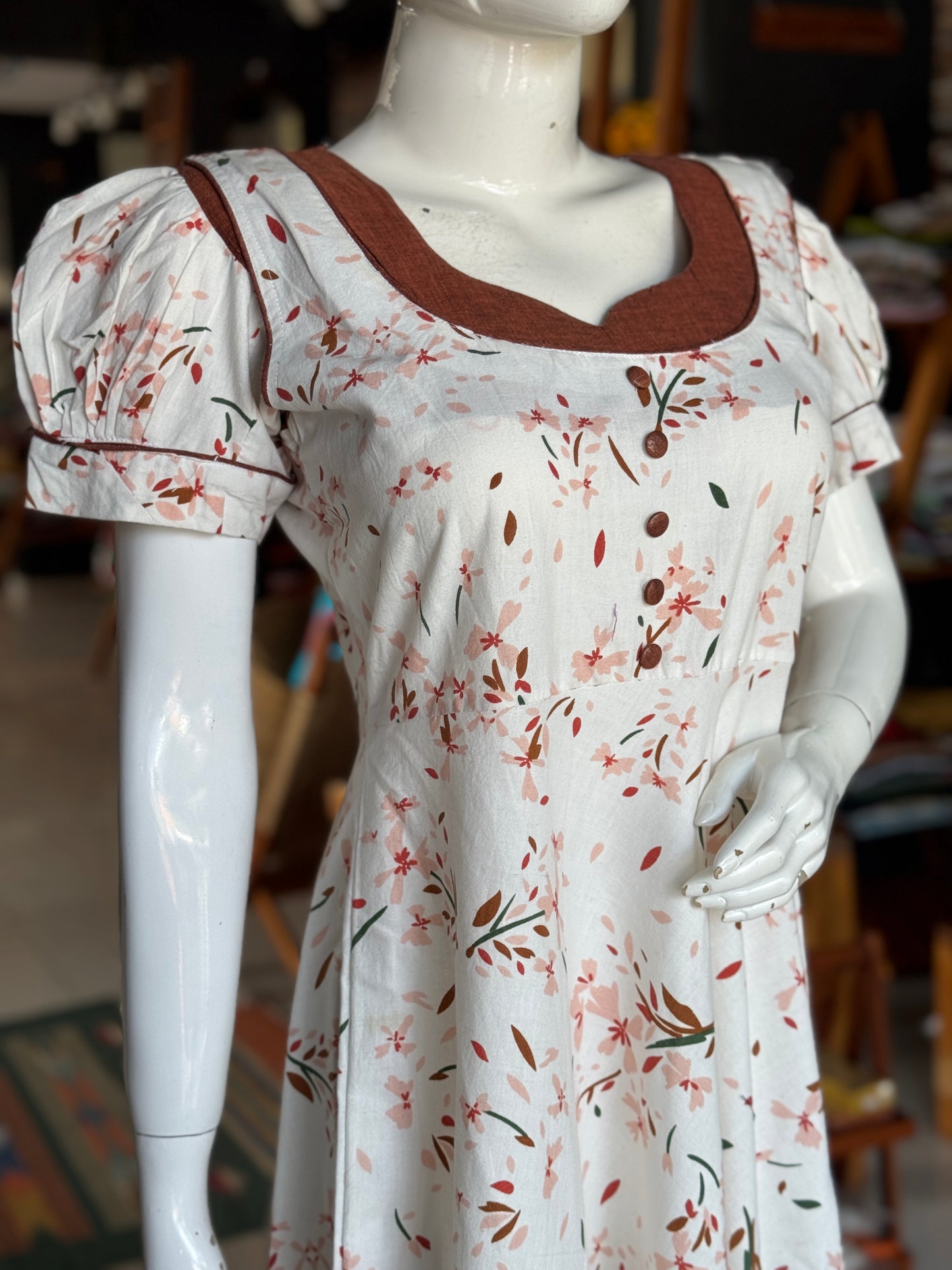 White and brown, hand woven, printed cotton retro look dress with brown contrast detailing