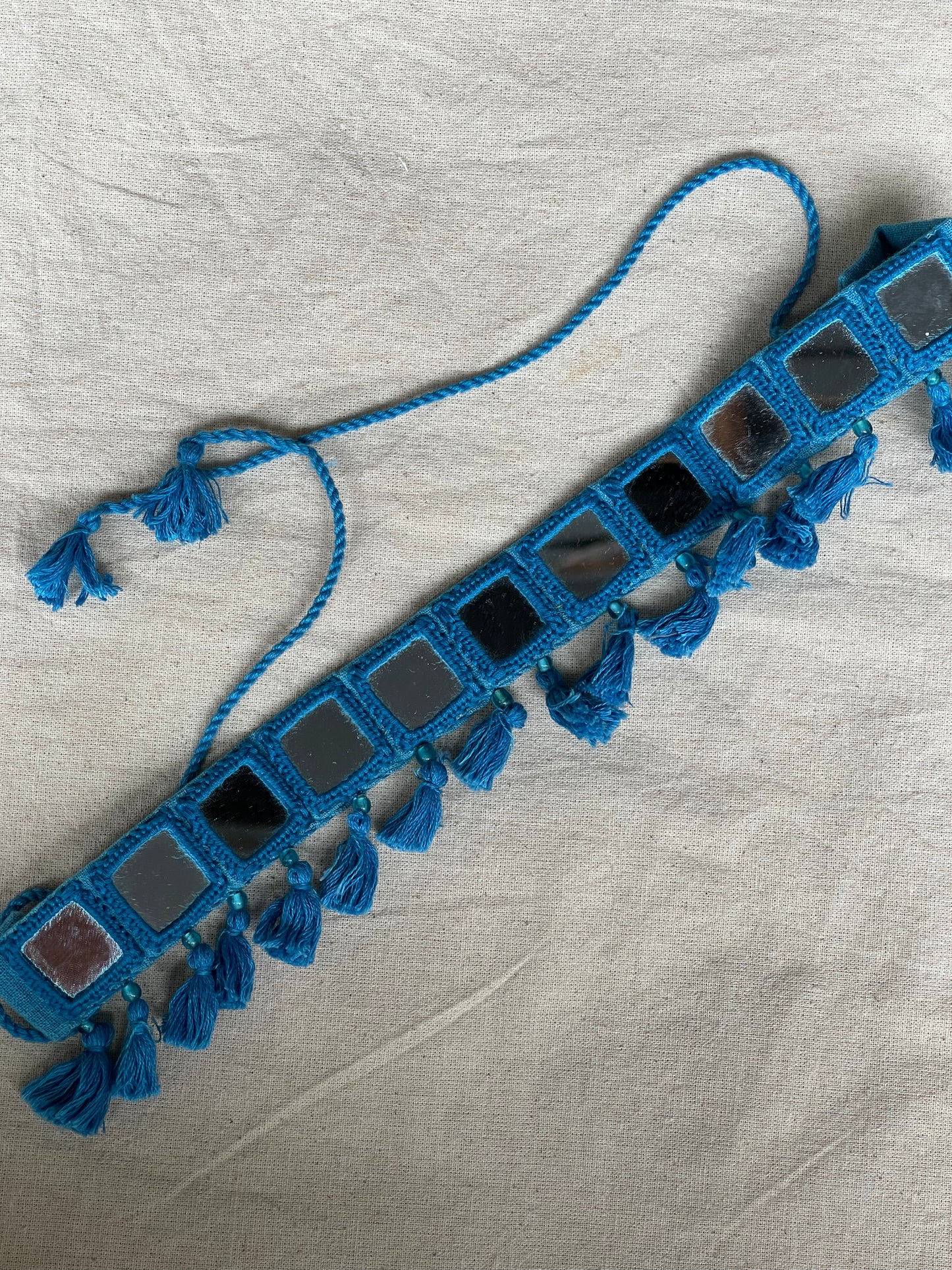 Blue mirror work hand embroidered choker