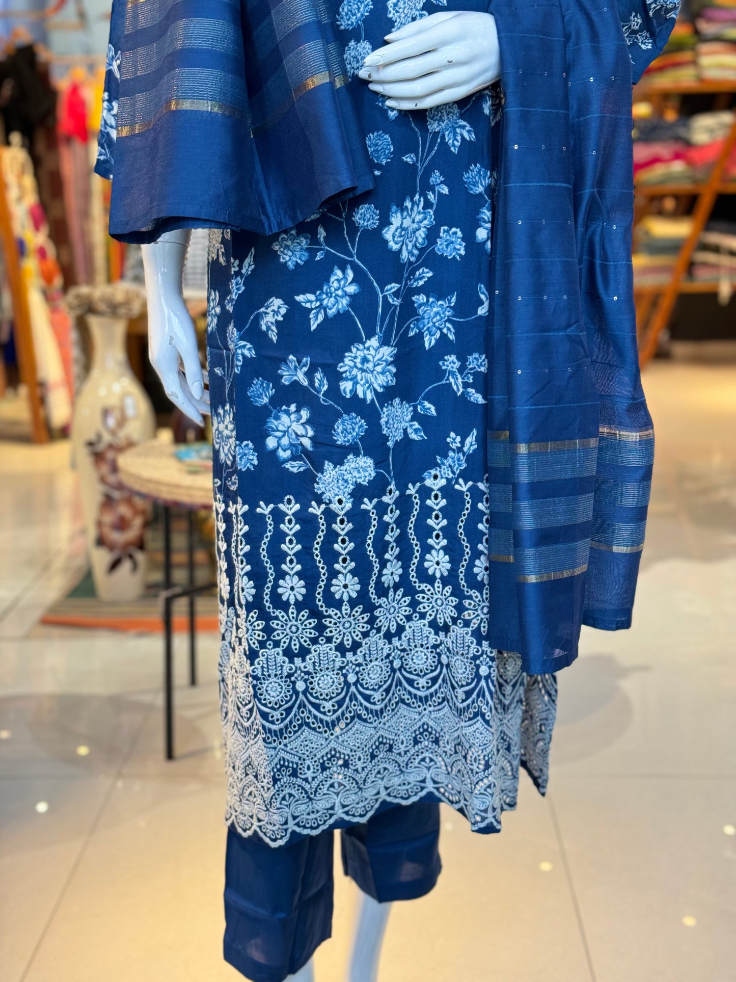 Navy blue floral soft muslin schiffli suit set with straight pants and dupatta