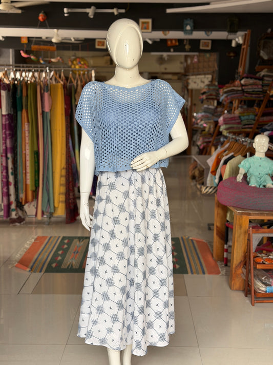 White and blue rayon free sized, flowy umbrella skirt