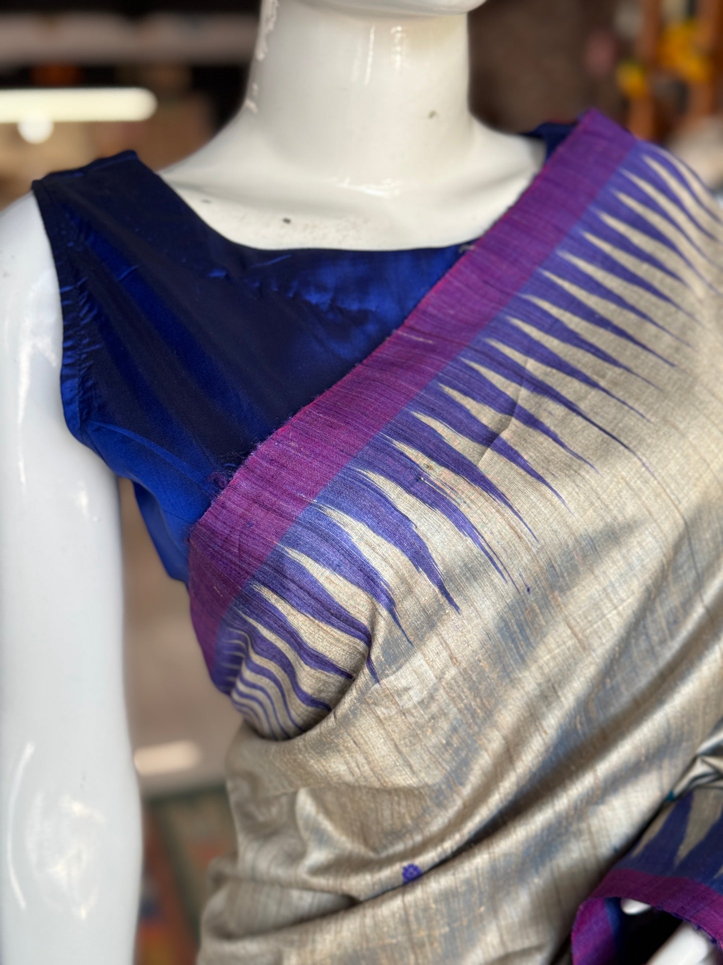 Royal blue plain pure silk handwoven sleeveless blouse