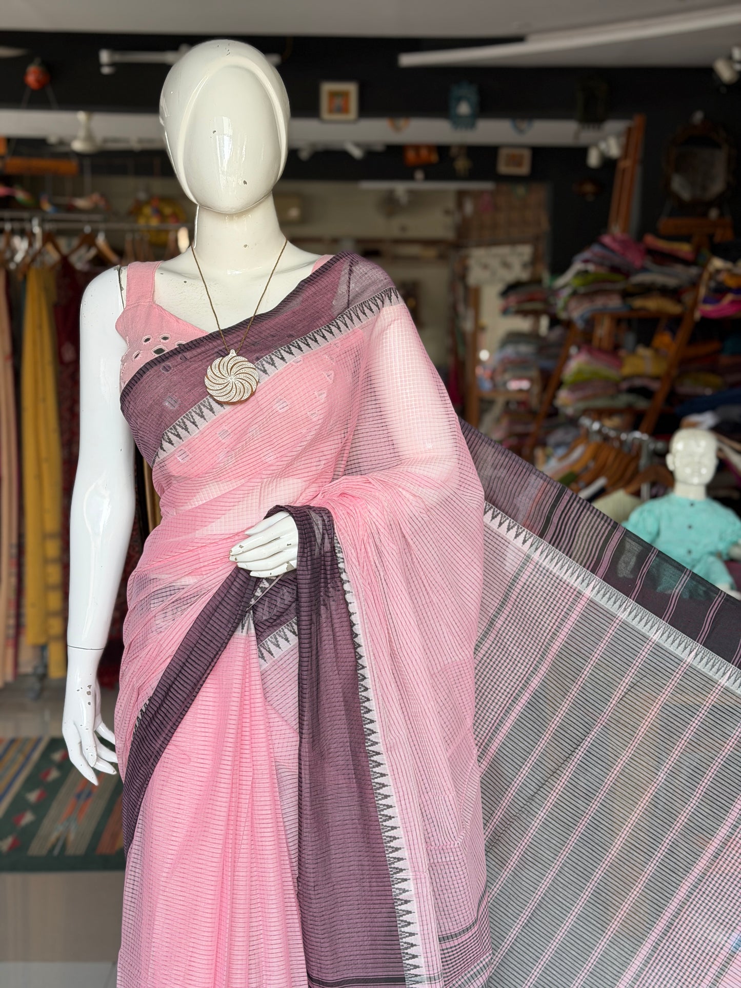 Light pink and purple Mangalagiri handloom missing checks cotton saree with temple border