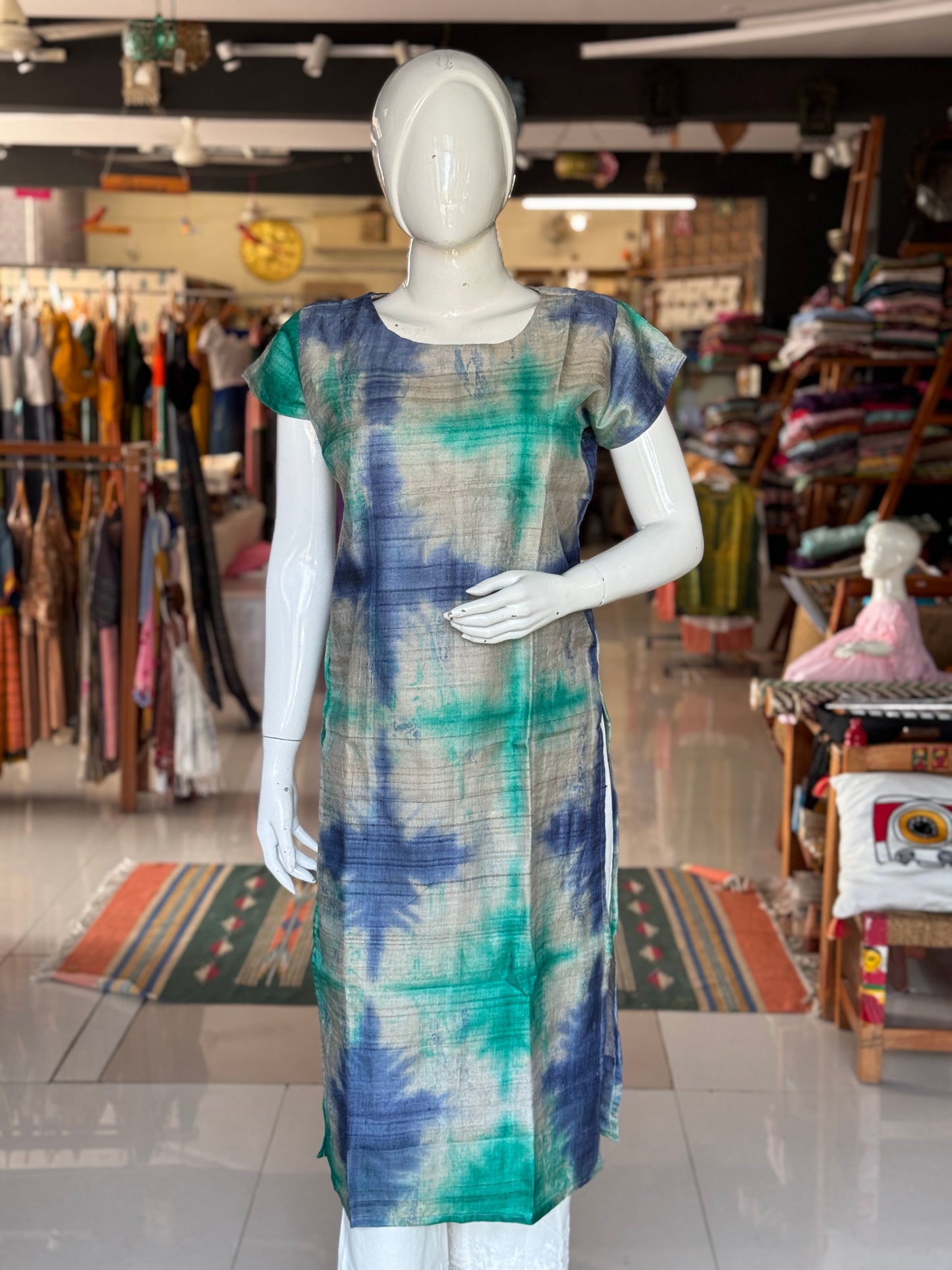 Green and blue clamp dyed handwoven tussar silk straight cuts kurta with short sleeves