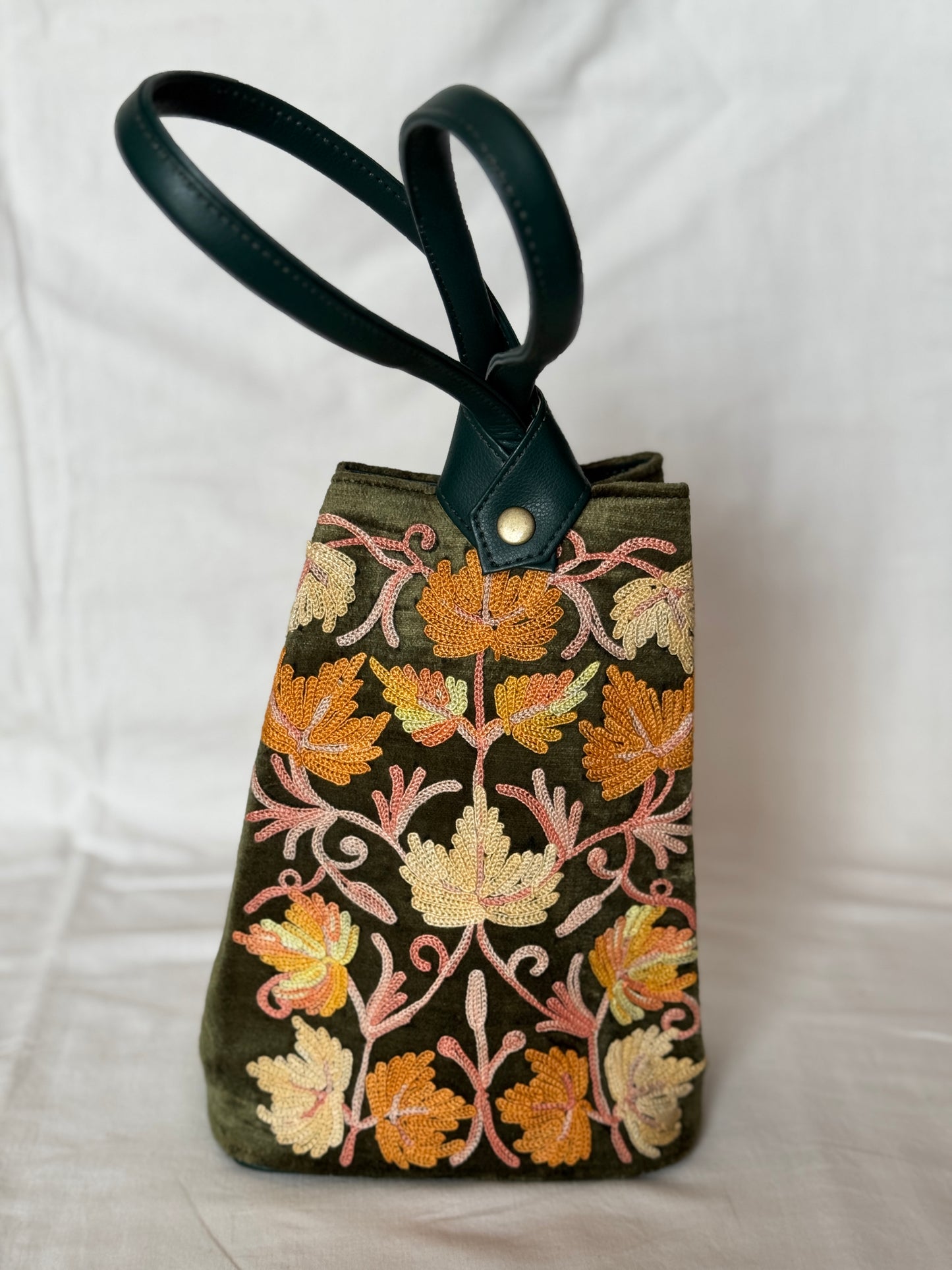 Potli bags with Kashmiri floral Aari embroidery - interesting twist around handle button closure