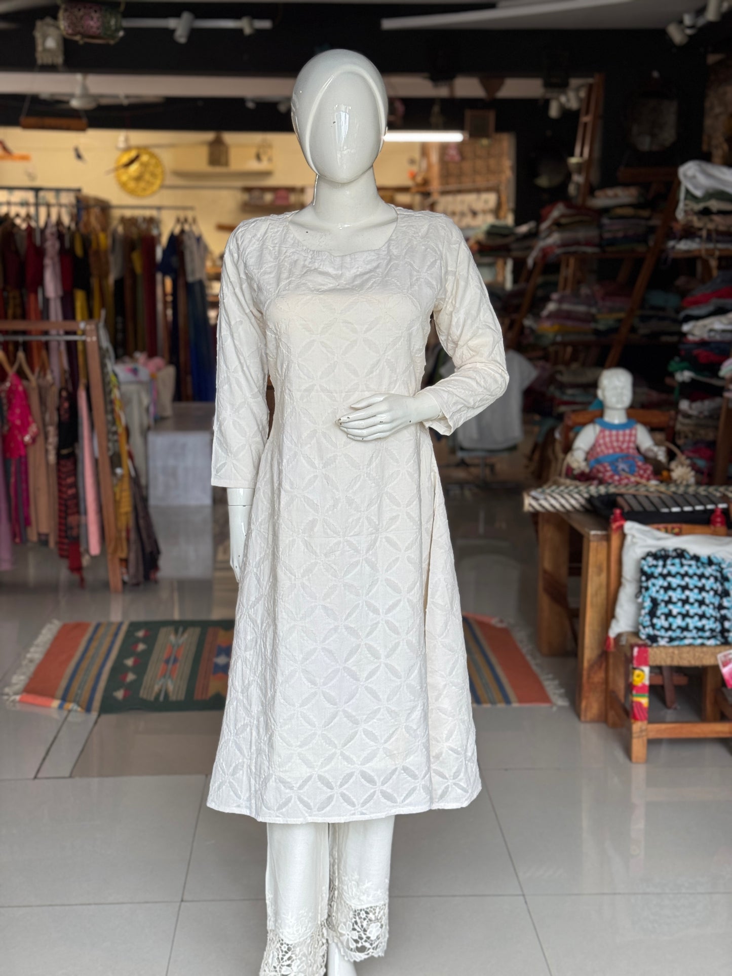 Off White appliq hand crafted cotton A-line kurti