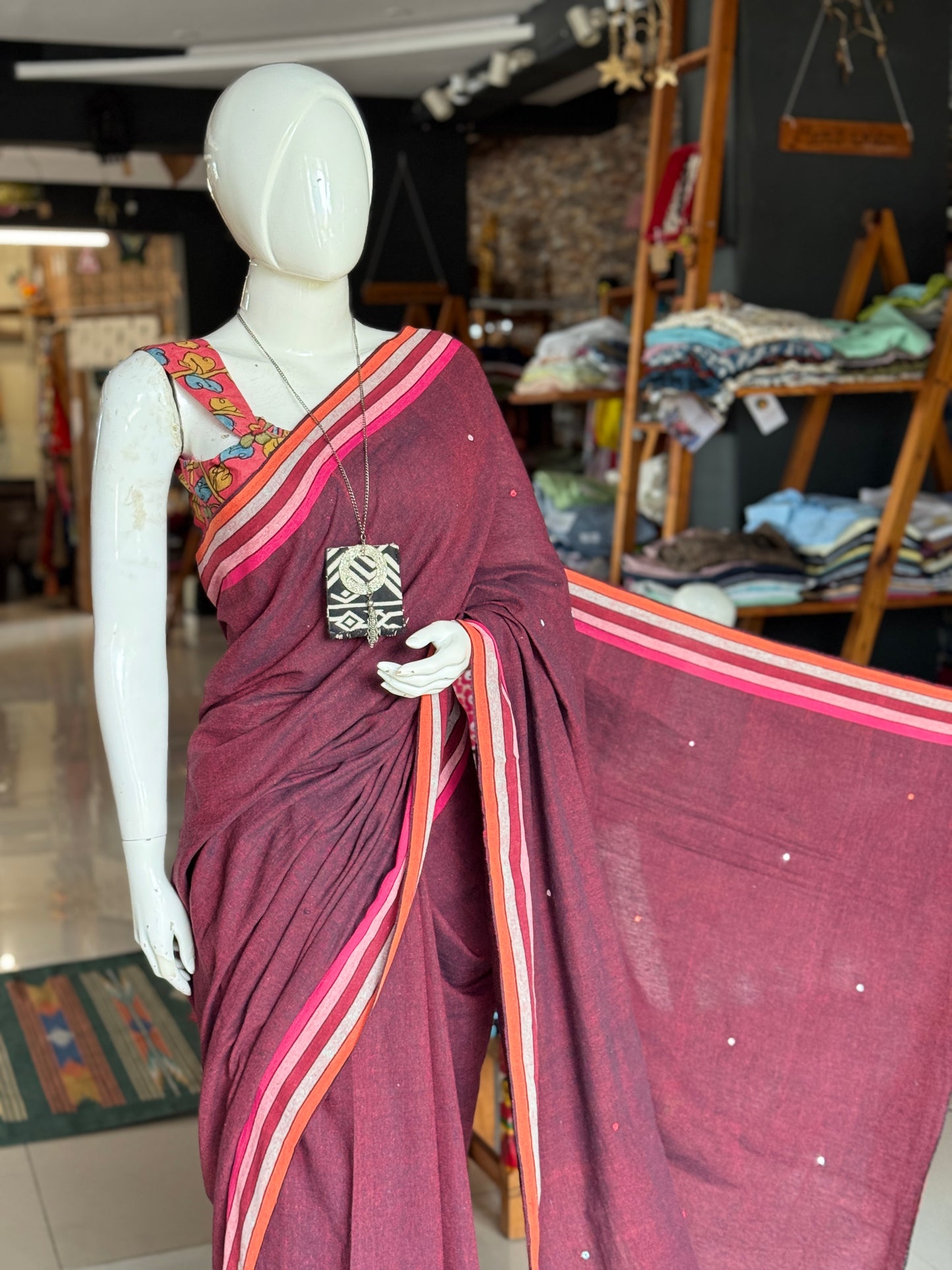 Kala cotton hand woven saree with mirror embroidery on palla and colorful borders - multiple shades available