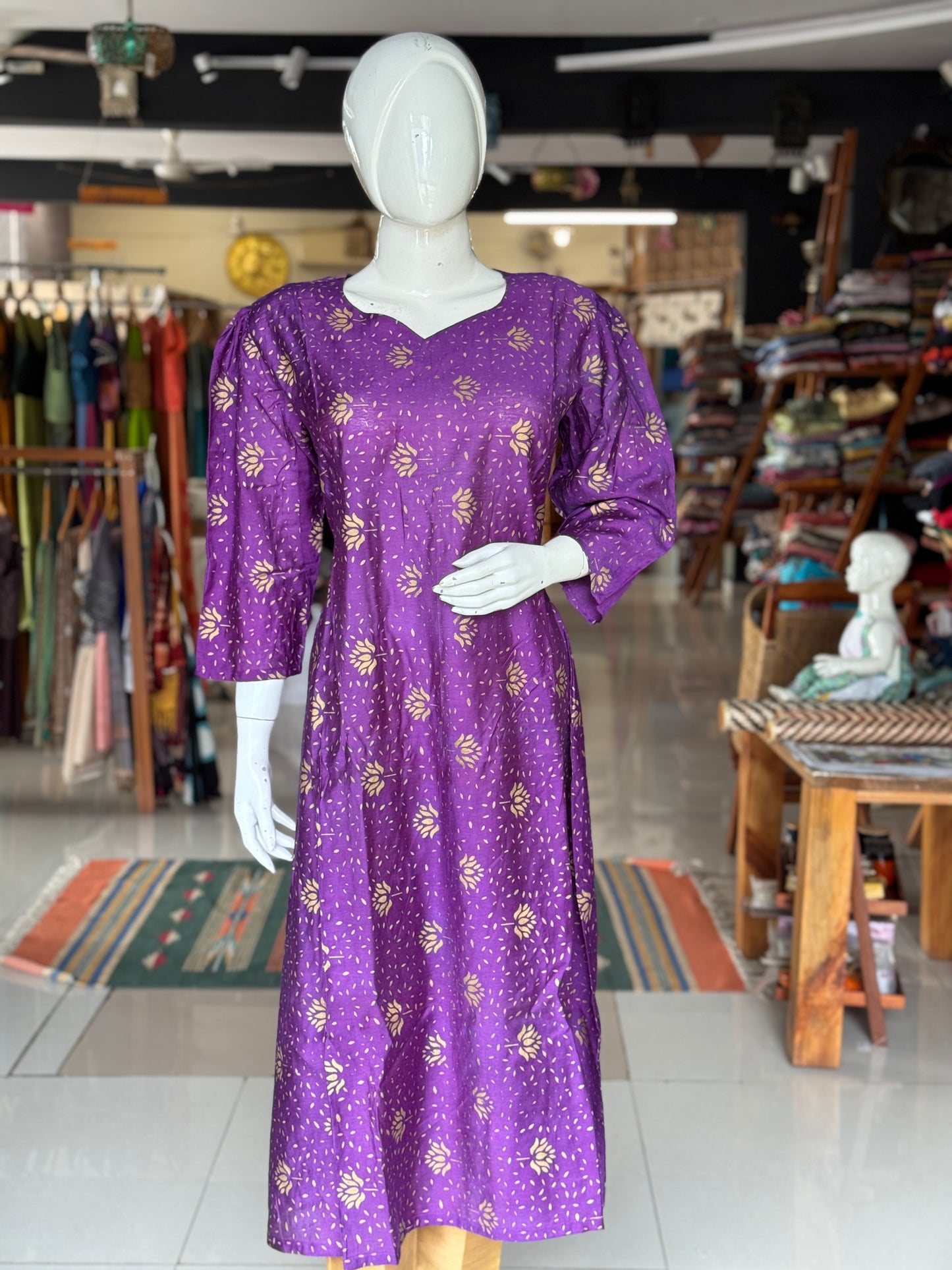 Violet a-line cotton kurti with gold floral hand block prints