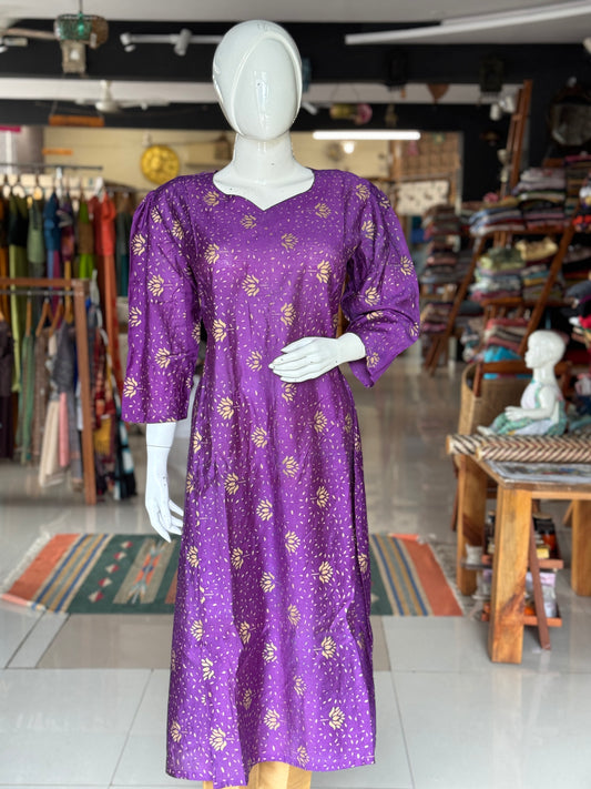 Violet a-line cotton kurti with gold floral hand block prints