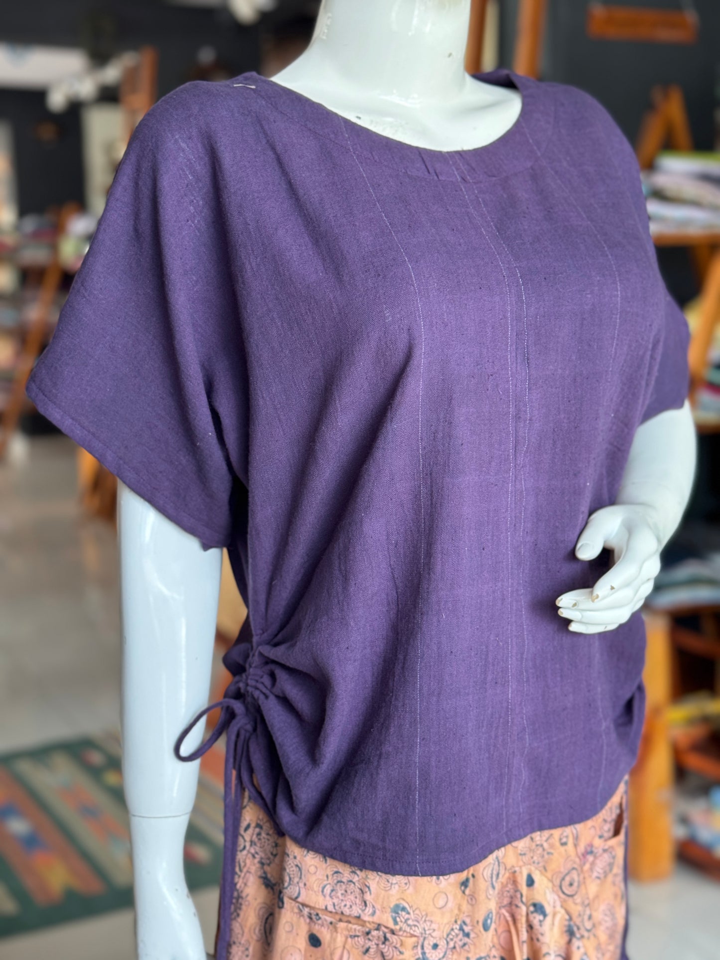 Violet kala cotton handloom top with side pull drawstrings