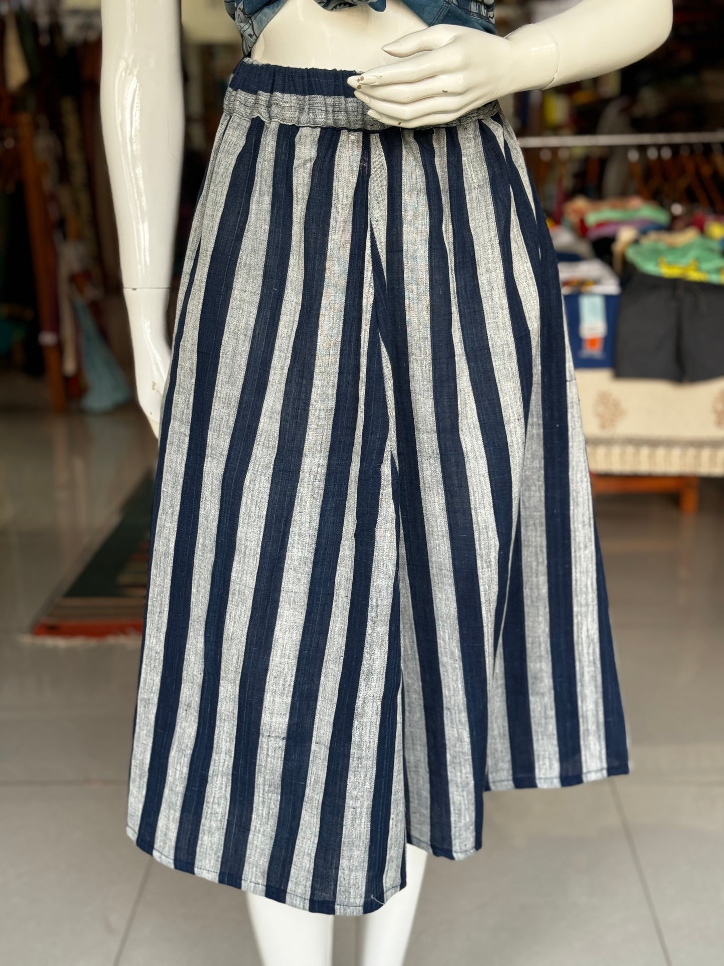 Indigo blue natural dyed, hand spun, hand woven free sized cotton stripes skirt