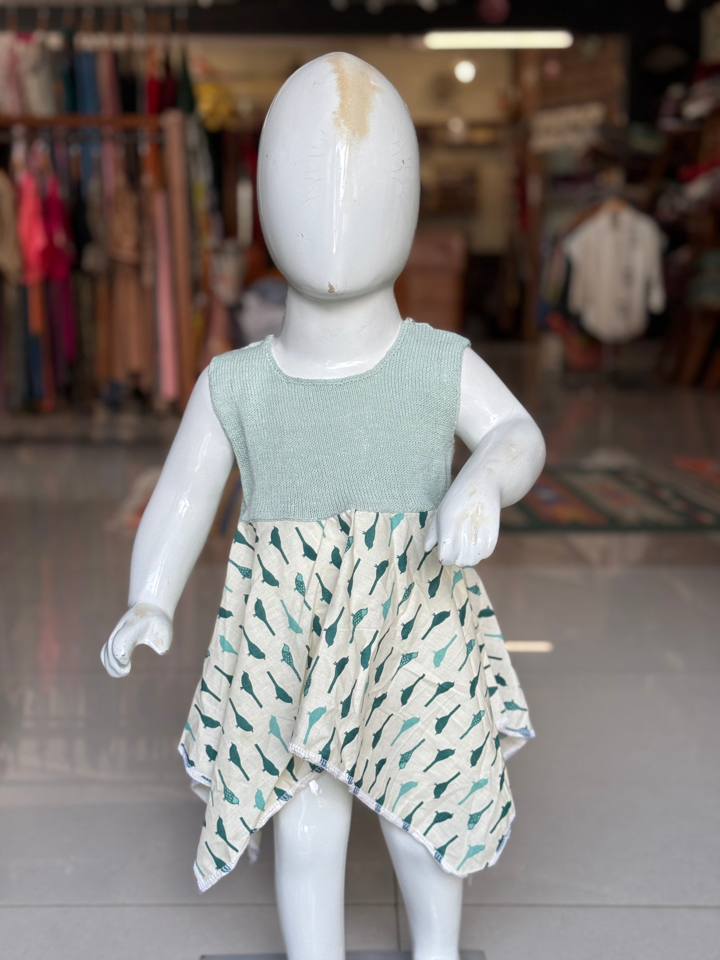 Crochet hand work yoke with hand block printed kerchief cut soft cotton frock