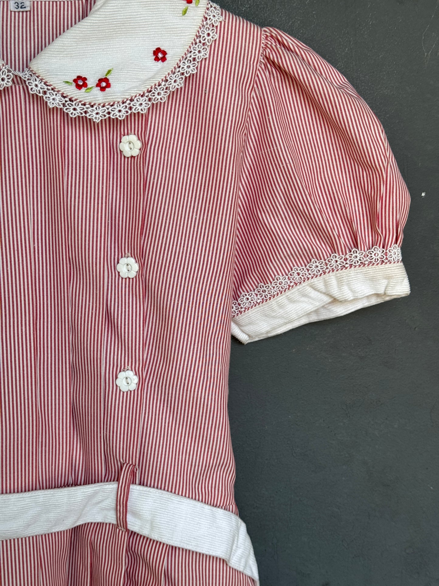 Red white stripes cotton embroidered frock with corduroy belt and collar