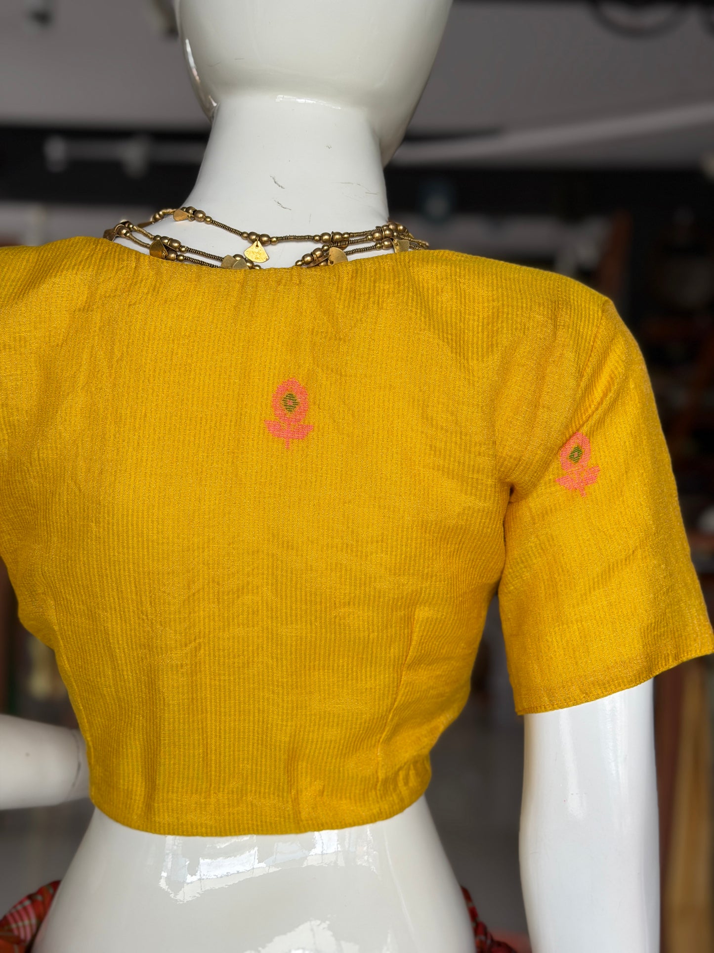Yellow silk tissue linen jamdani short sleeved front open blouse
