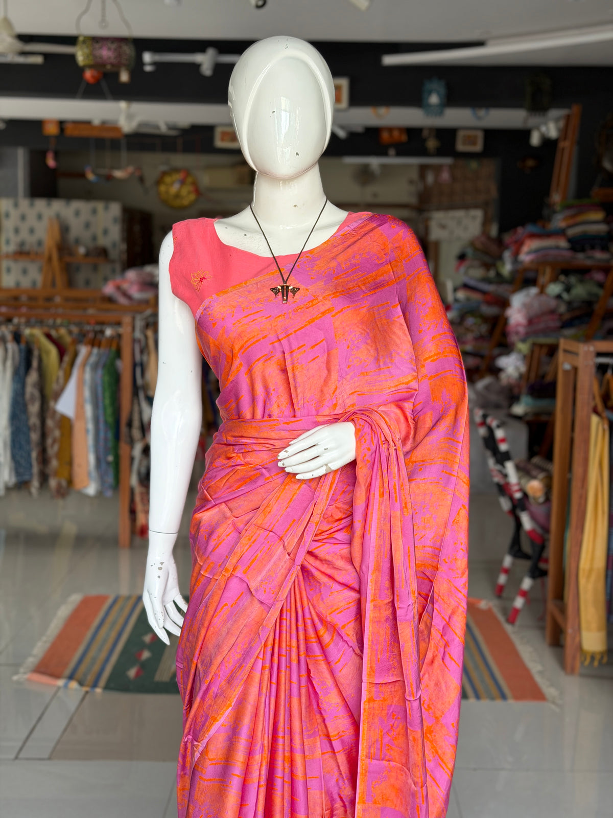 Purple orange batik hand block soft modal yardage saree / fabric - handcrafted