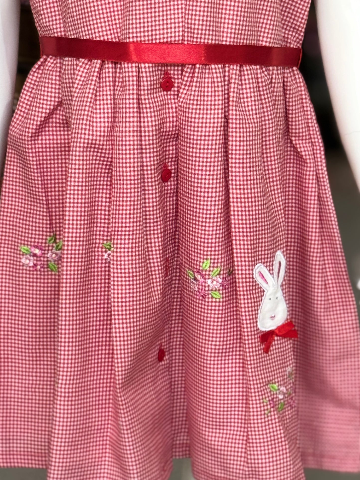 Red gingham checks cotton frock with rabbit embroidery